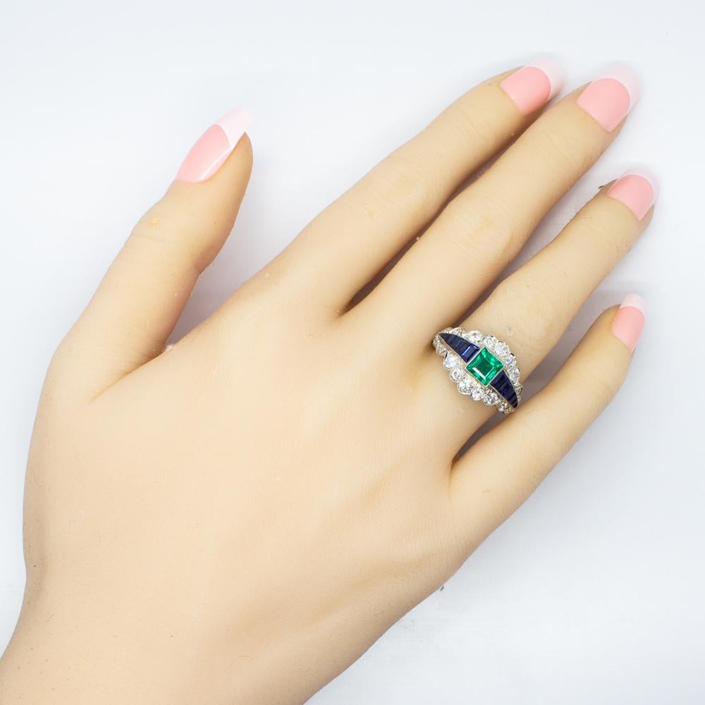 Estate Platinum Emerald, Sapphire and Diamond Engagement Ring im Angebot 1