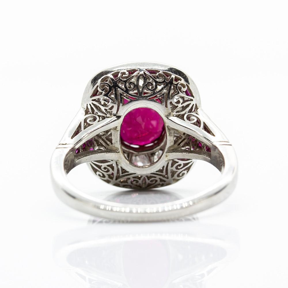 Cushion Cut Art Deco Platinum Gia Certified Ruby, Antique Diamond and French Cut Ruby Ring