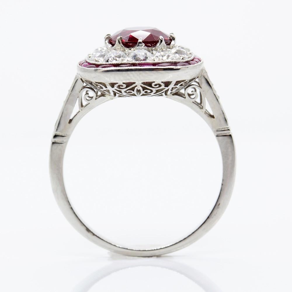 Women's or Men's Art Deco Platinum Gia Certified Ruby, Antique Diamond and French Cut Ruby Ring
