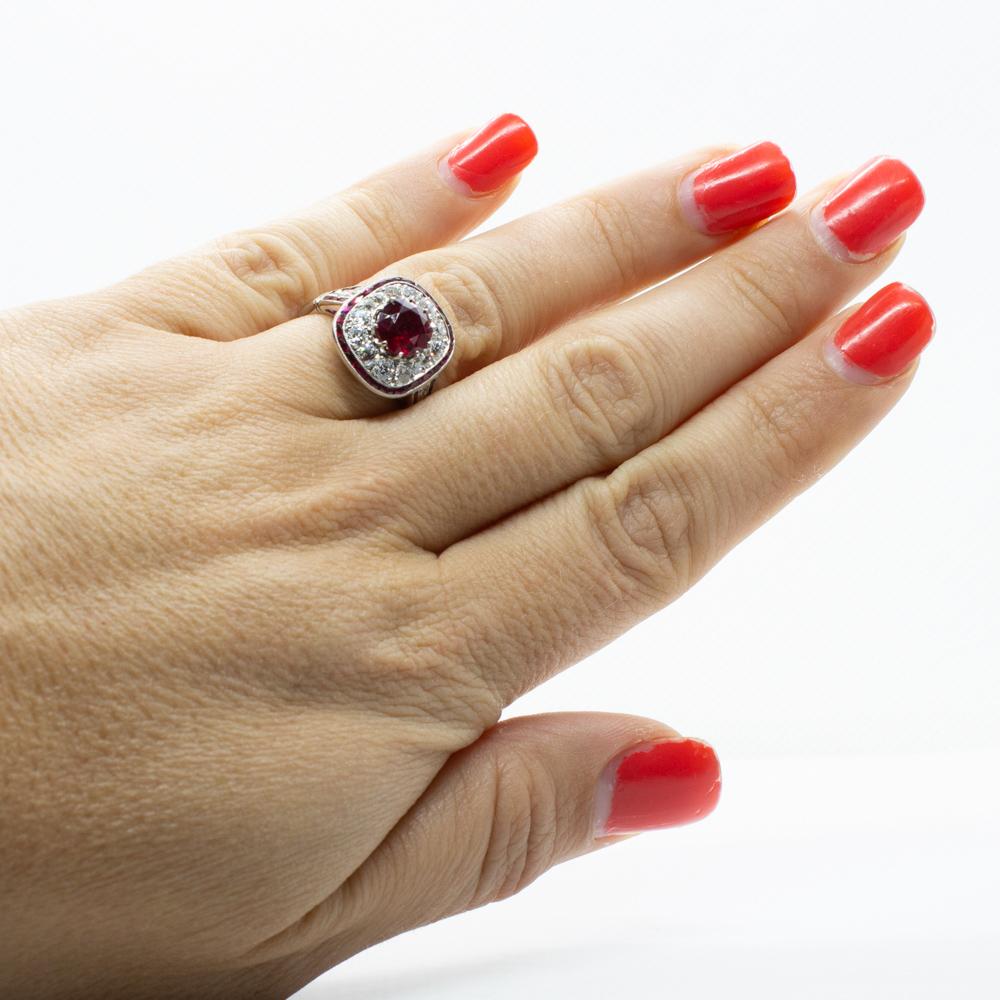 Art Deco Platinum Gia Certified Ruby, Antique Diamond and French Cut Ruby Ring 2