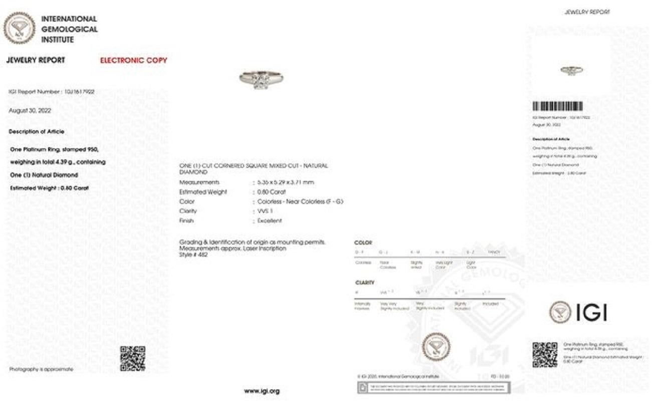 Unique Platinum Solitaire Ring with 0.80 Ct Natural Diamonds, IGI Cert In New Condition For Sale In רמת גן, IL