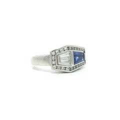 Unique Platinum Trapezoid Sapphire w/ Baguette & Round Diamond East West Ring
