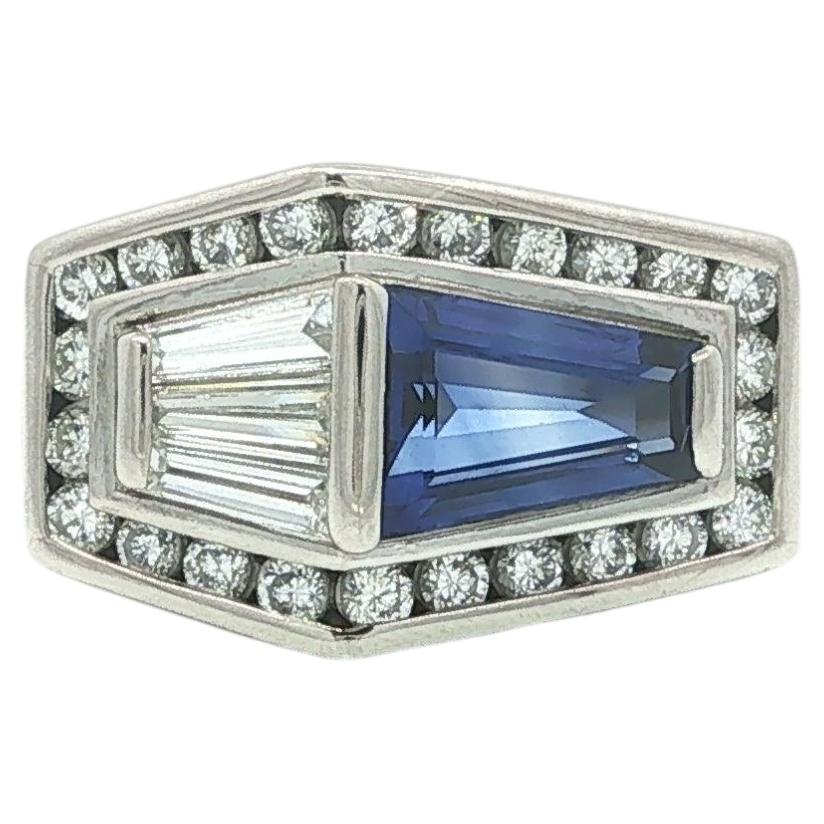 Unique Platinum Trapezoid Sapphire w/ Baguette & Round Diamond East West Ring For Sale
