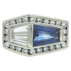 Unique Platinum Trapezoid Sapphire w/ Baguette & Round Diamond East West Ring