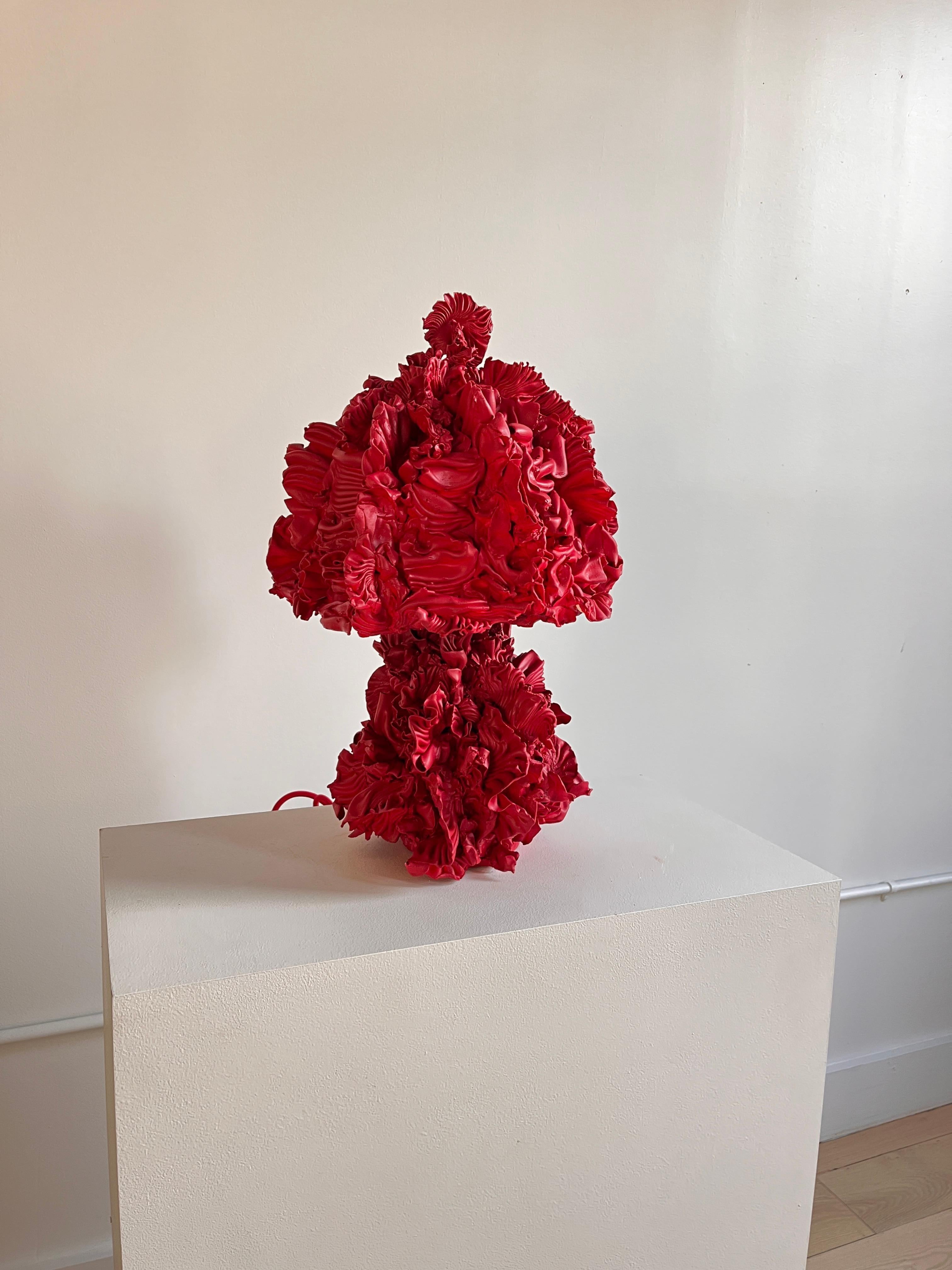 Cast Unique Red Pleated Ceramic Table Lamp by Joseph Algieri For Sale