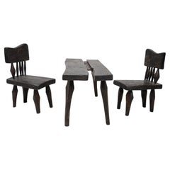 Unique Polish Gouged Ash Brutalist Table & Chair Set
