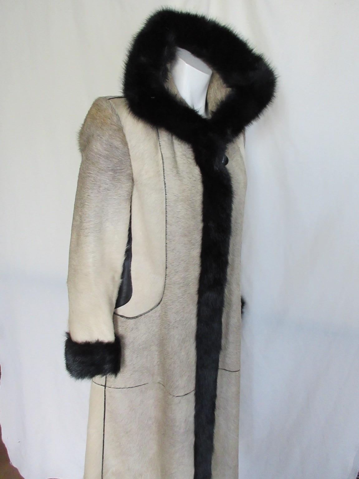 Unique Pony Skin Leather with Black Mink Fur Coat For Sale 10