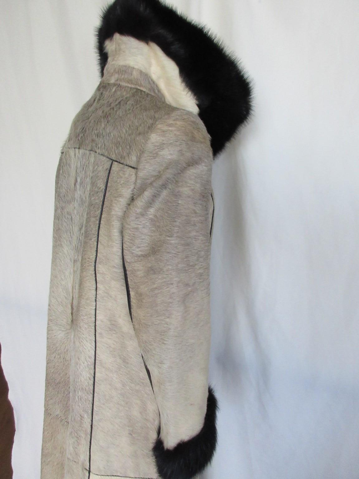 Unique Pony Skin Leather with Black Mink Fur Coat For Sale 2