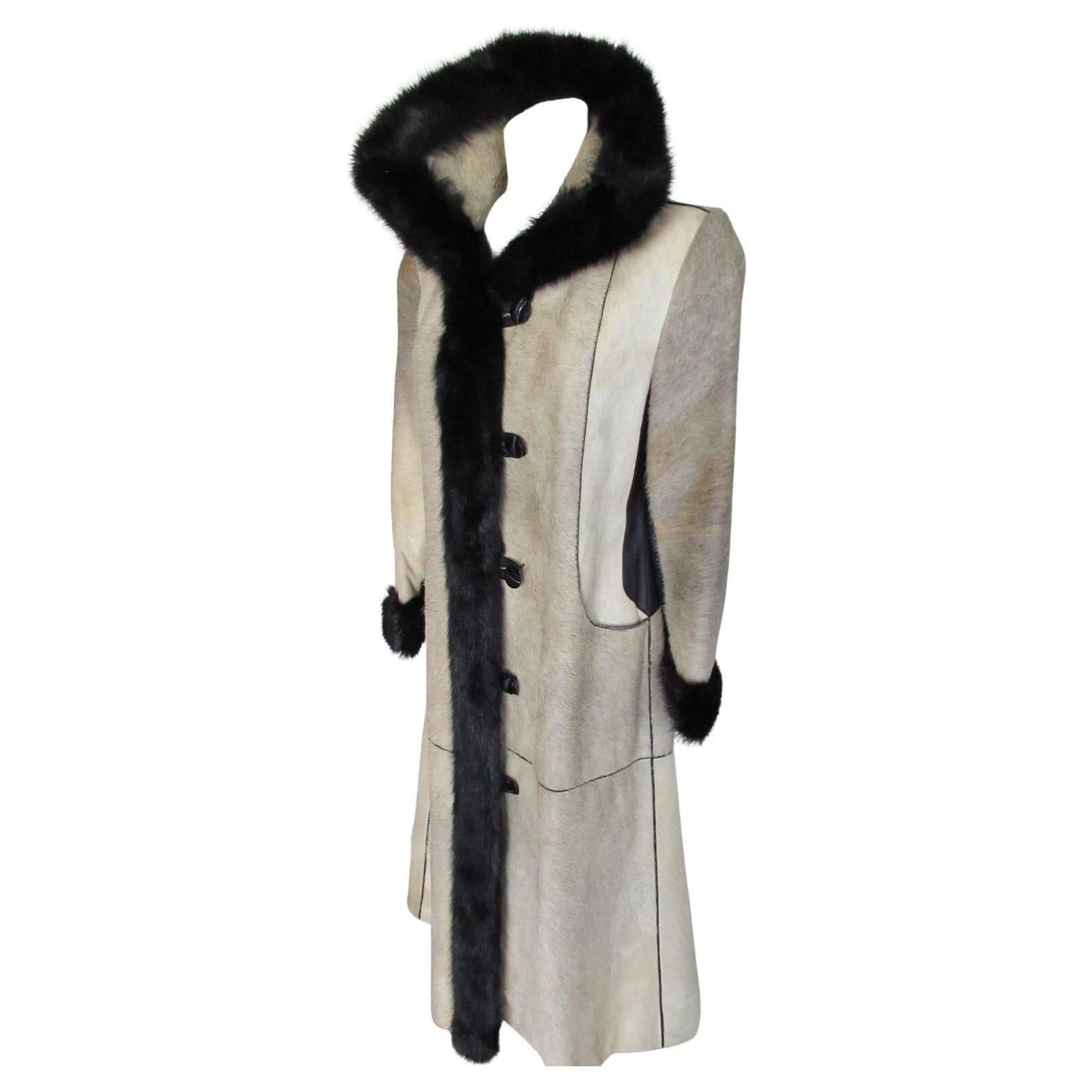 Unique Pony Skin Leather with Black Mink Fur Coat