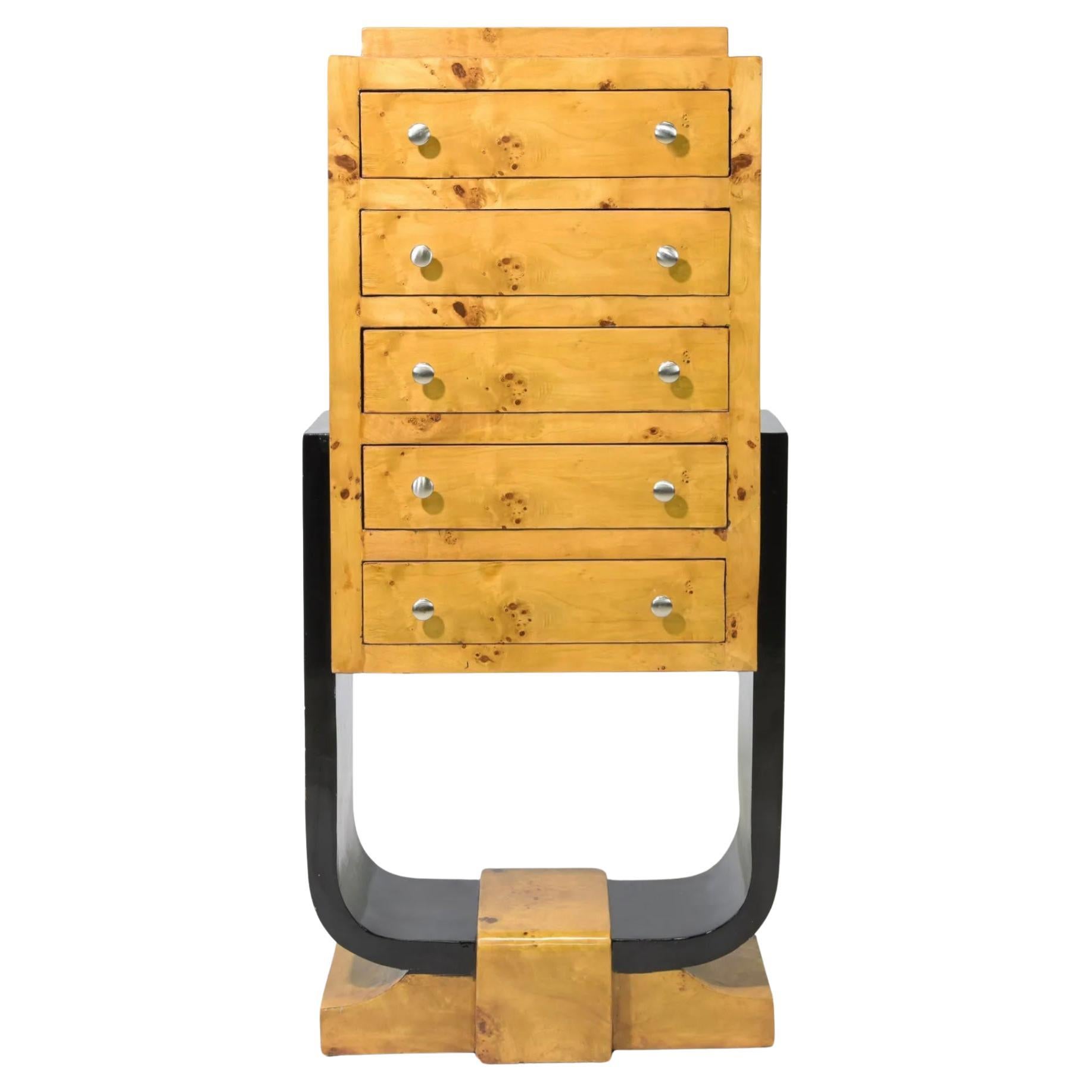 Unique Post modern Deco style Burl Five Drawer narrow dresser lingerie chest  For Sale
