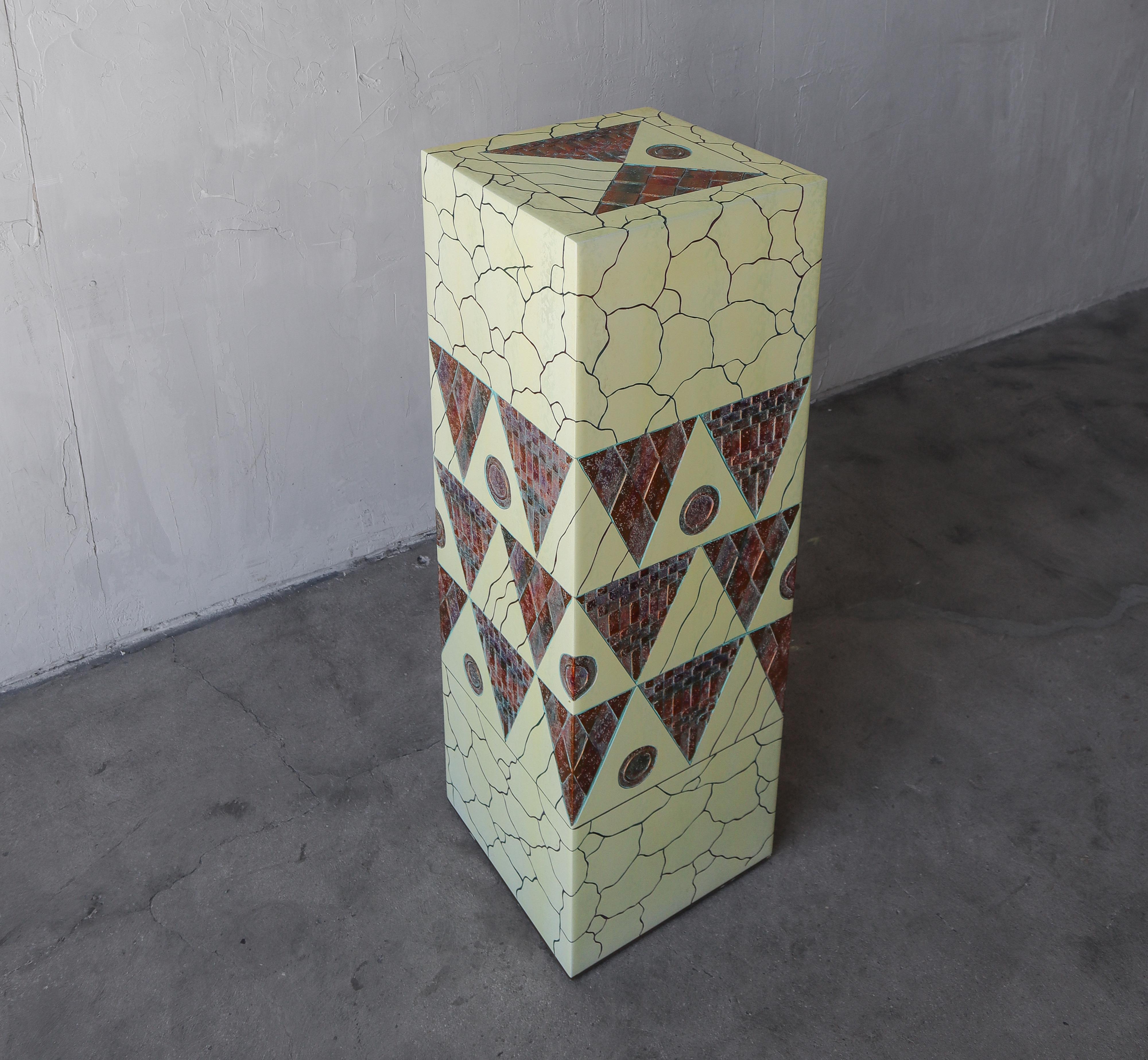 Unique post modern pedestal.  Colorful mixed media piece.  See images for details.  

Minimal loss of the copper foiling along the bottom most edge.  Otherwise in good condition overall.