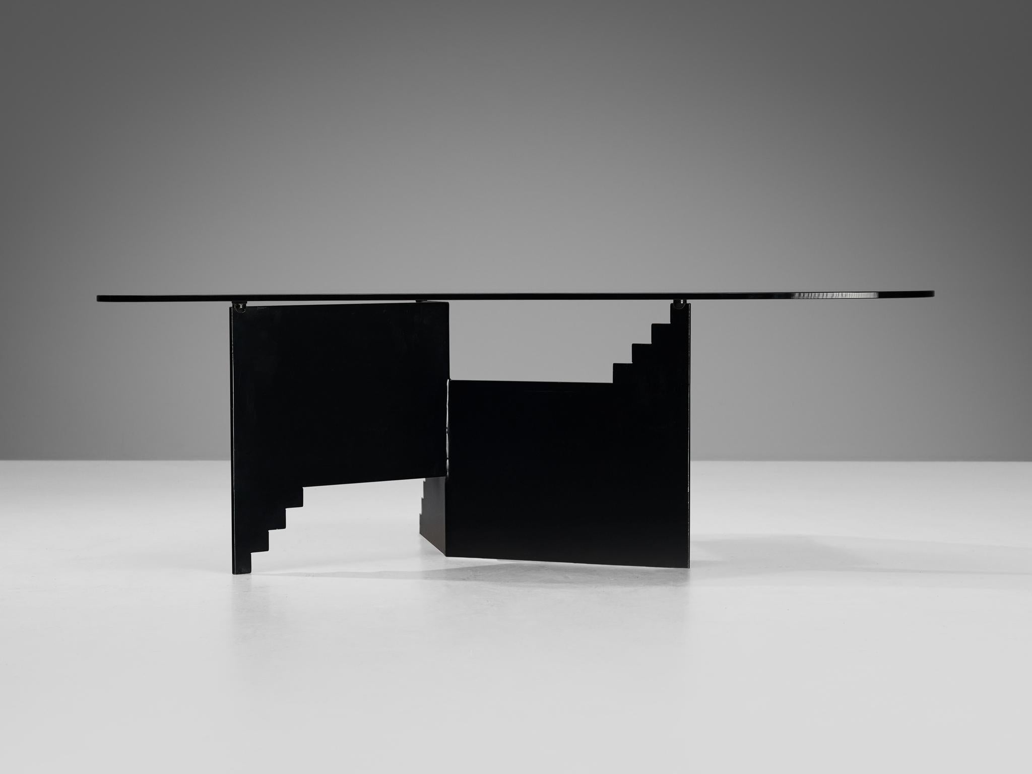 Unique Postmodern Coffee Table with Geometric Base and Taupe Organic Glass 2