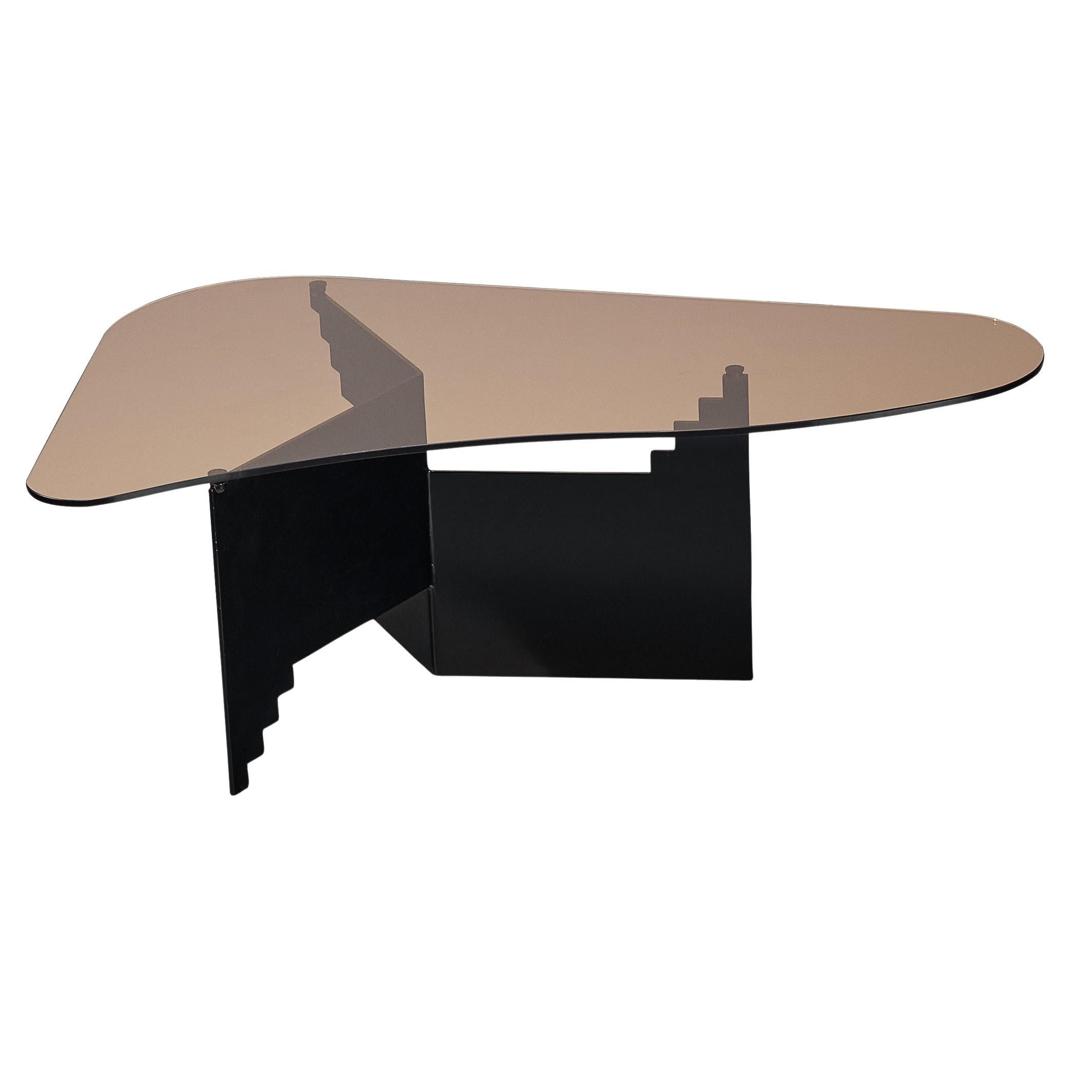 Unique Postmodern Coffee Table with Geometric Base and Taupe Organic Glass