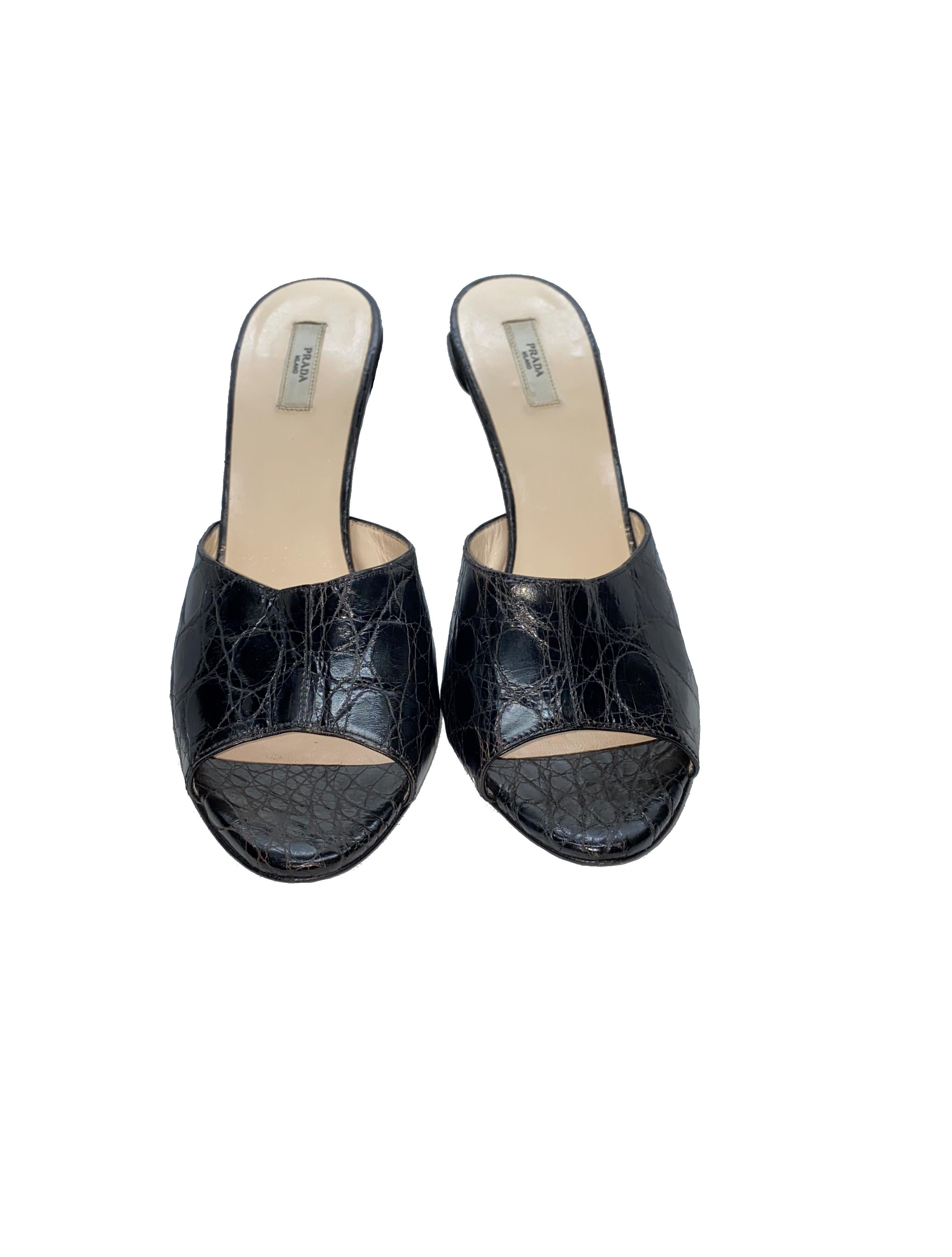 Unique Prada Flower Heel Exotic Black Crocodile High Heel Sandals Mules 38 For Sale 2