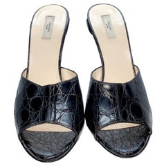 Retro Unique Prada Flower Heel Exotic Black Crocodile High Heel Sandals Mules 38