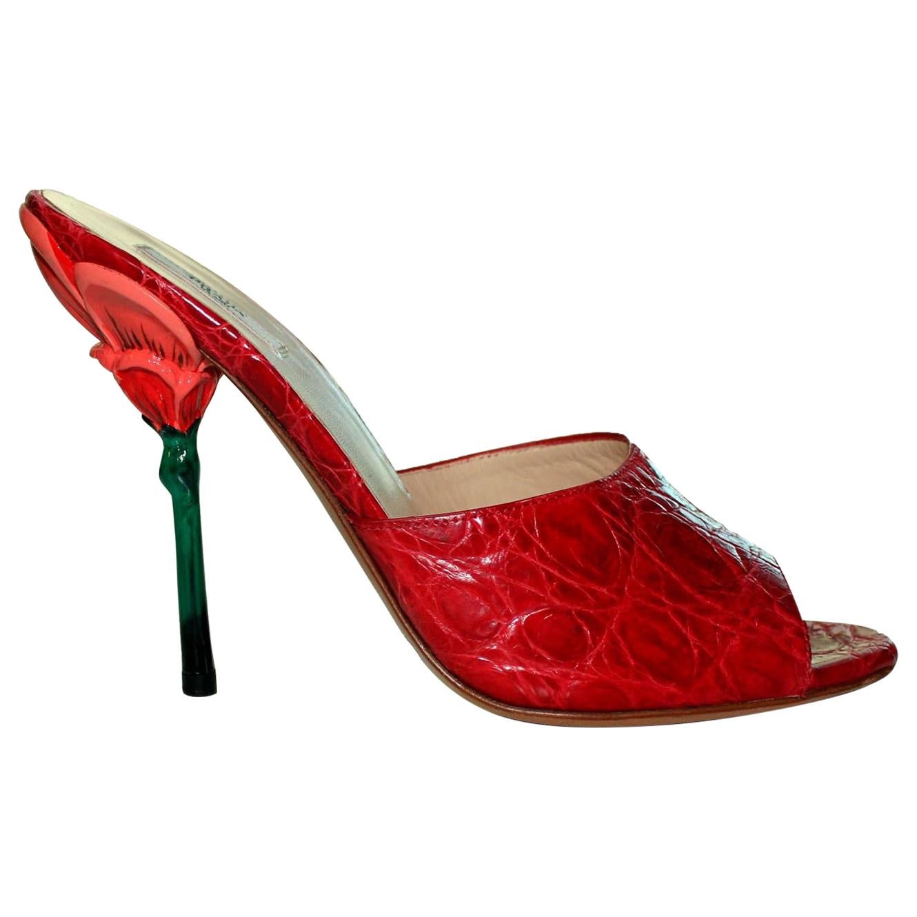 Unique PRADA Hand-painted  Lipstick Red Exotic Flower High Heel Sandals Mules 