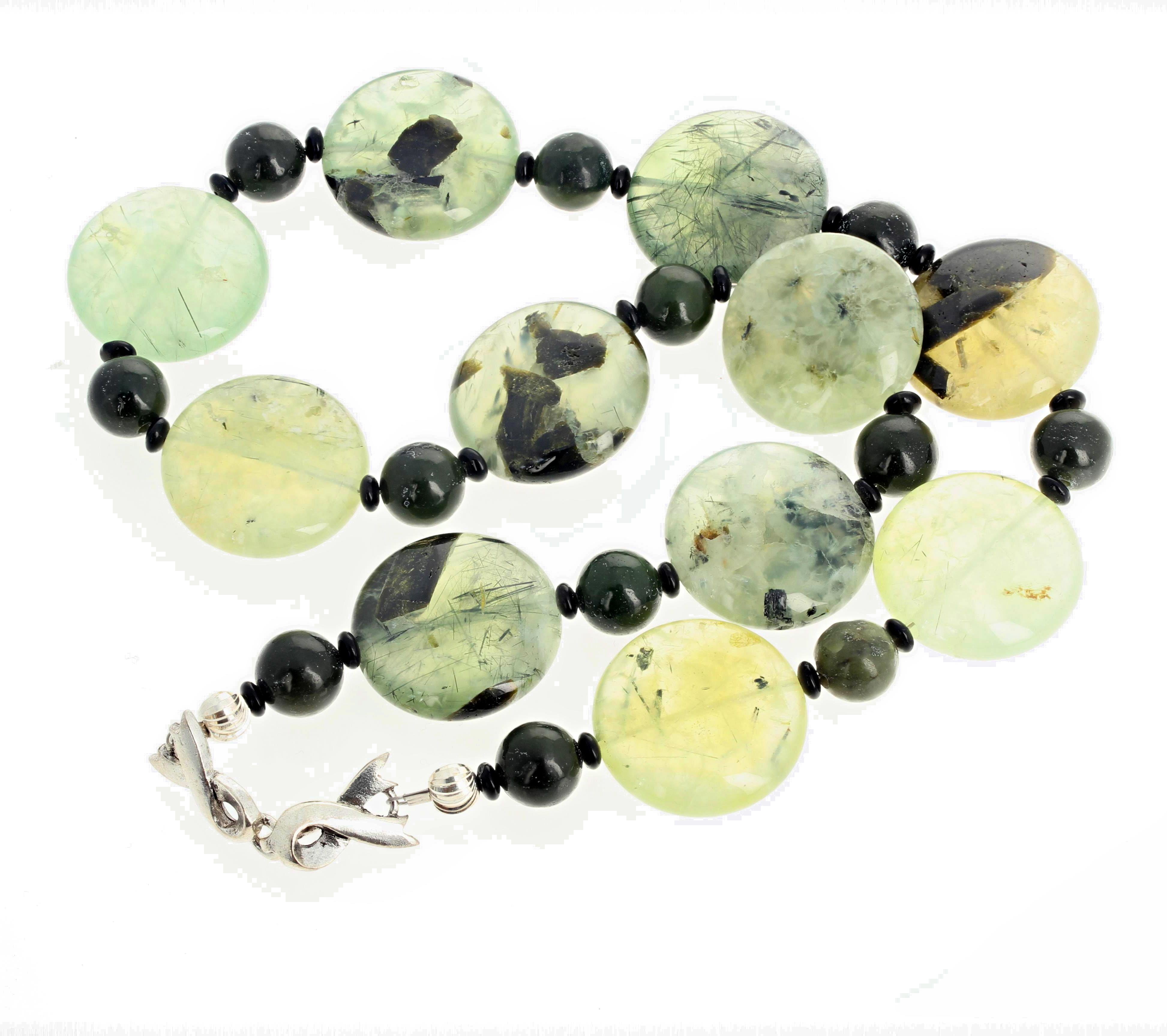 This Chic Unique natural translucent glowing artistic Prehnite (25 mm) enhanced with highly polished green Jasper and accented with tiny polished black Onyx is set in a 20 inch long necklace with 