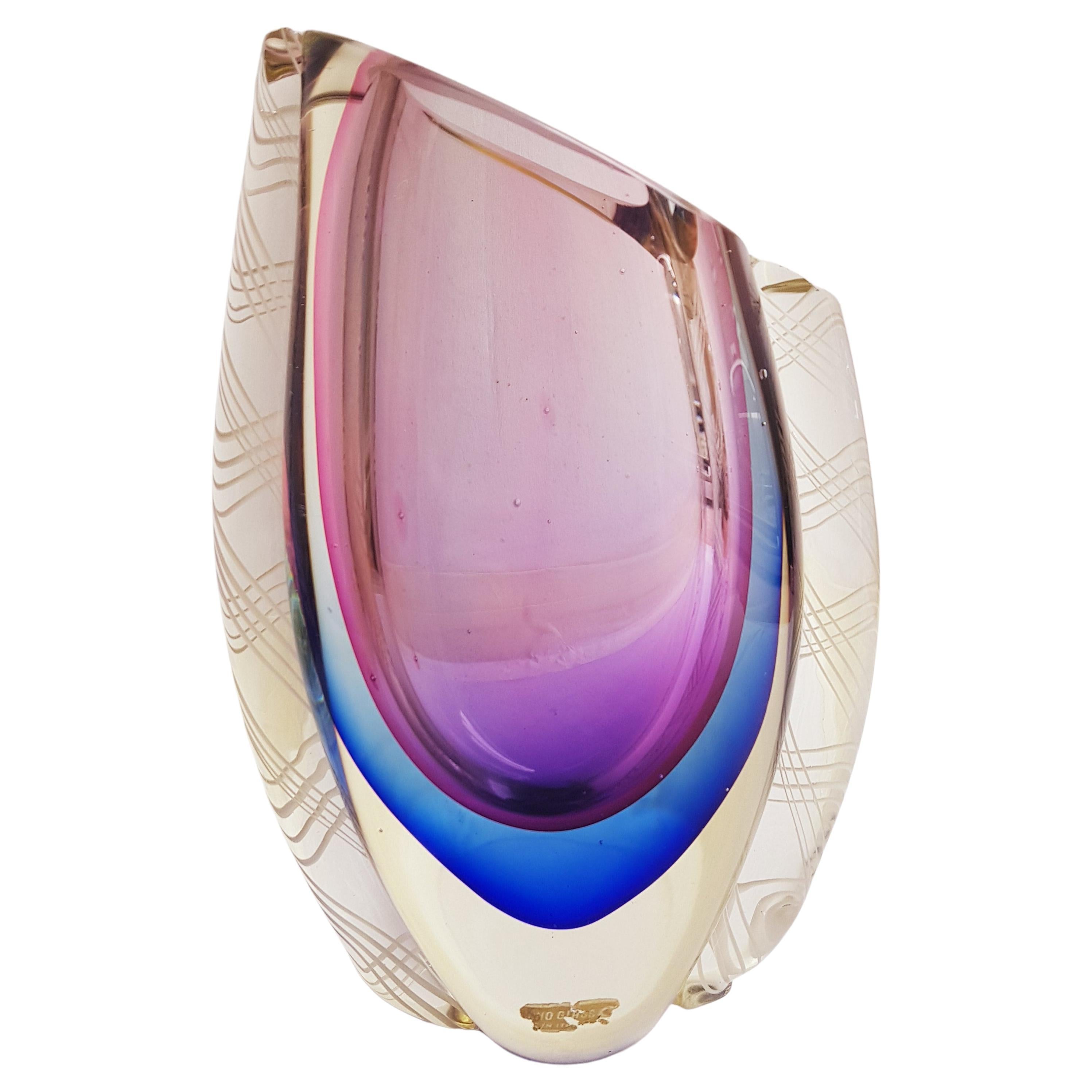 Art Deco Unique Pulegoso murano glass somerso vase applied filigrana Flavio Poli For Sale