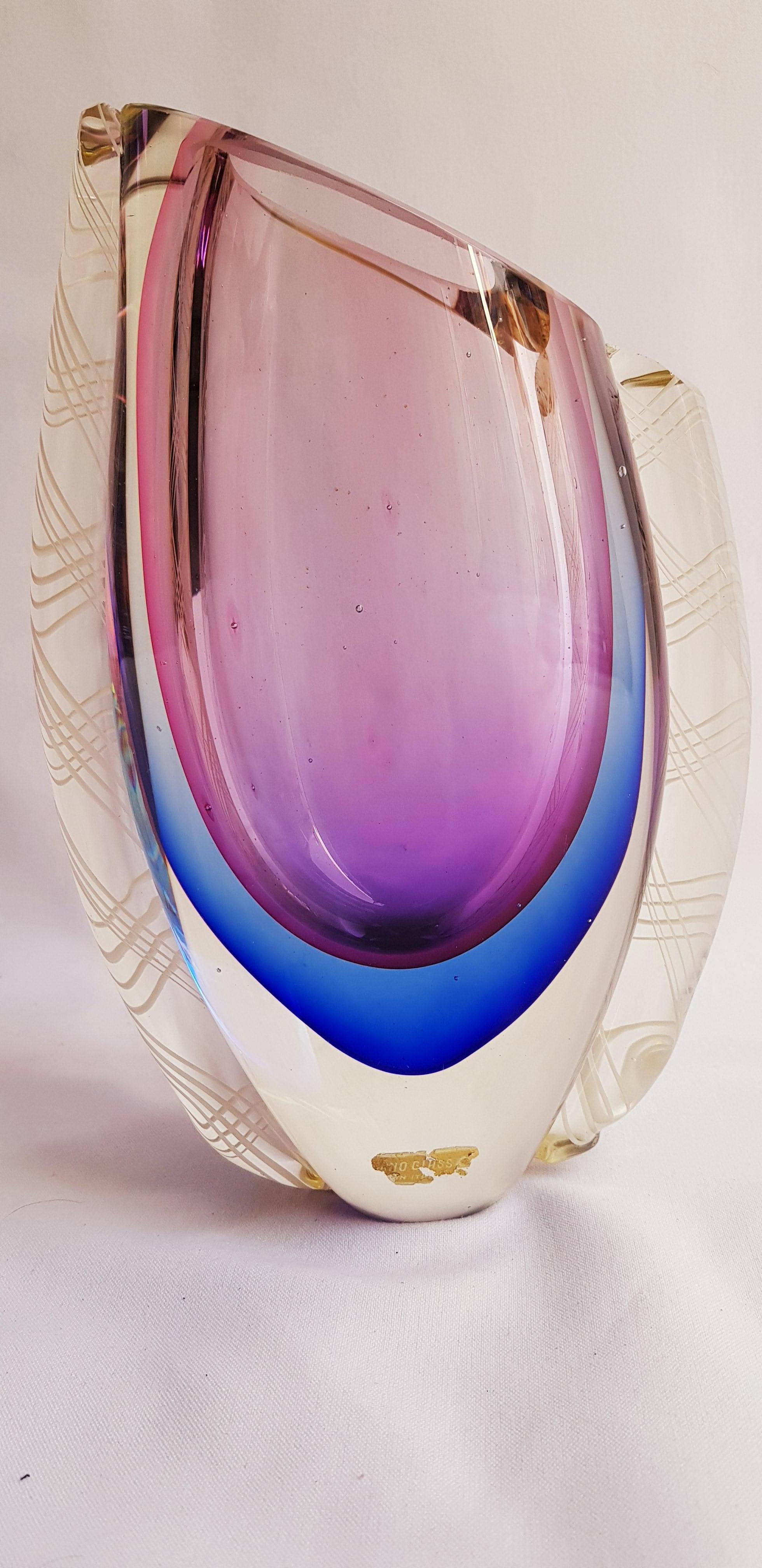 Murano Glass Unique Pulegoso murano glass somerso vase applied filigrana Flavio Poli  For Sale