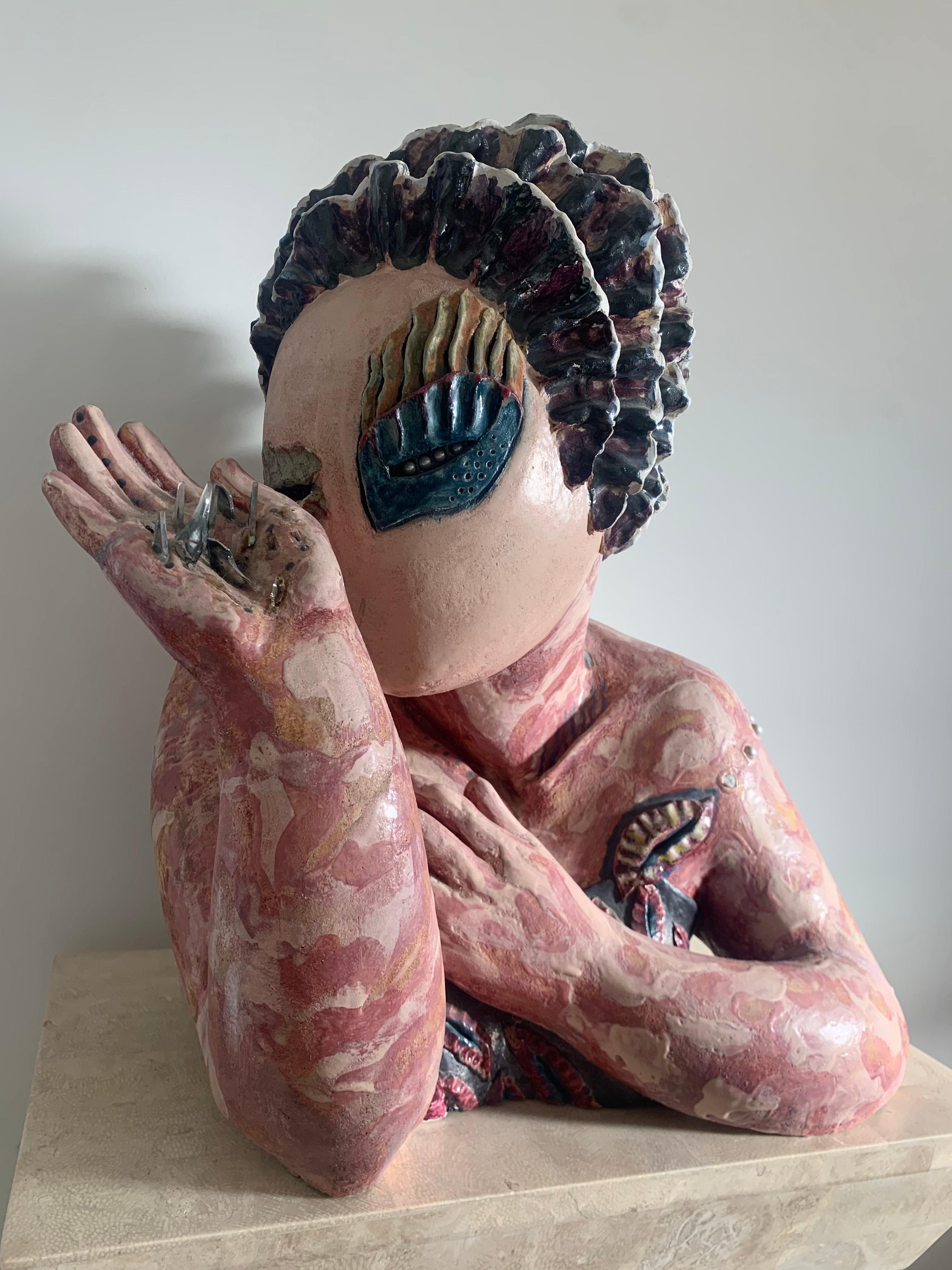 A massive and spectacular sculpture of a femme bust by Nancy Quinn, 20th century. Painted and glazed ceramic with plexiglass shards and inlaid beads. Memphis meets rococo meets punk meets Brancusi. Minor losses but overall in fabulous studio