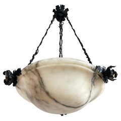 Extra Large Pure Art Deco White Alabaster With Four Light Pendant / Chandelier