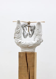 One of the Kind White Stoneware and Natural Wood Sculpture by Eglė Šimkus