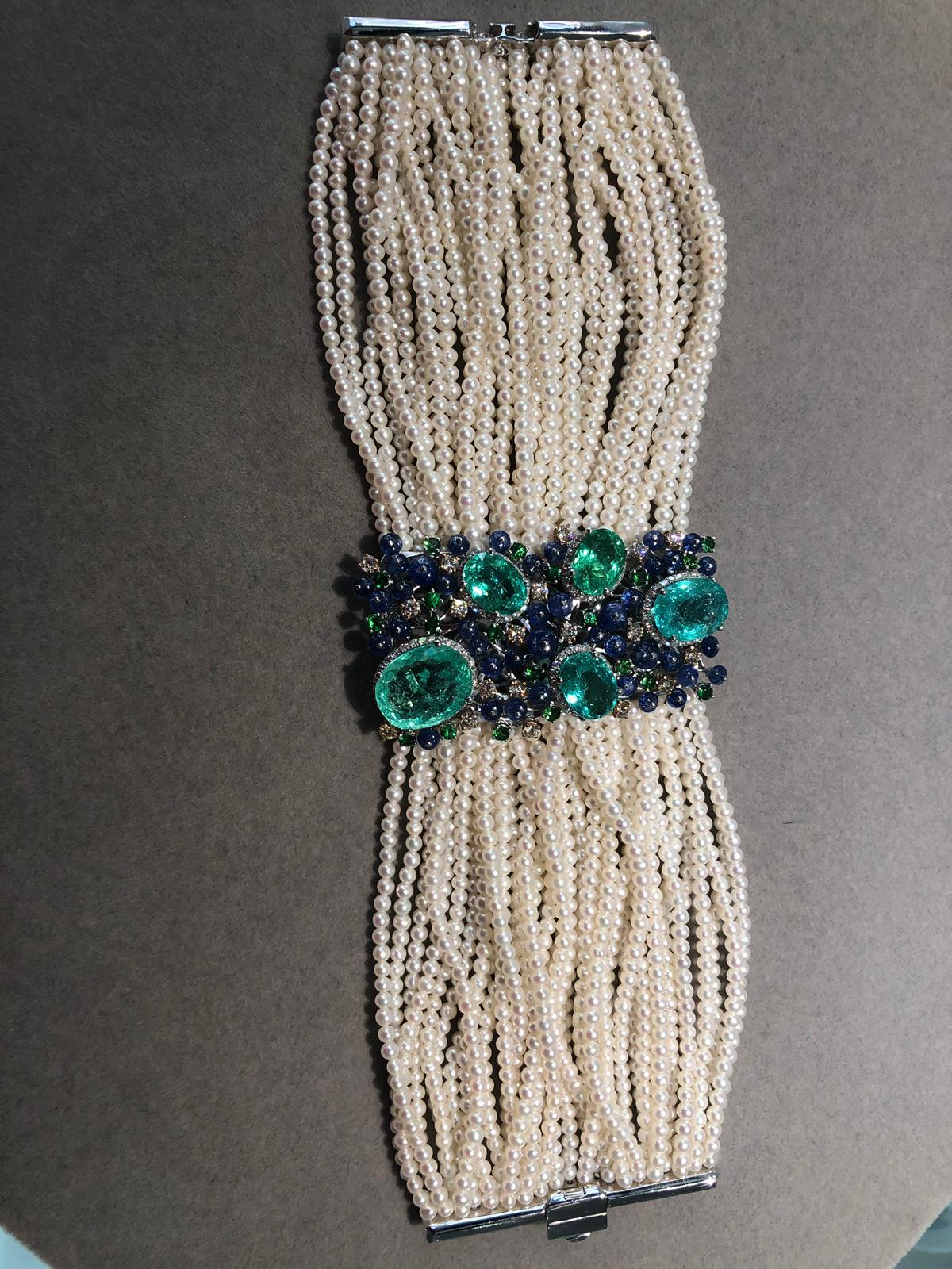 Art déco Bracelet unique et rare en or avec tourmalines Paraiba, diamants, perles Akoya et tanzanites en vente