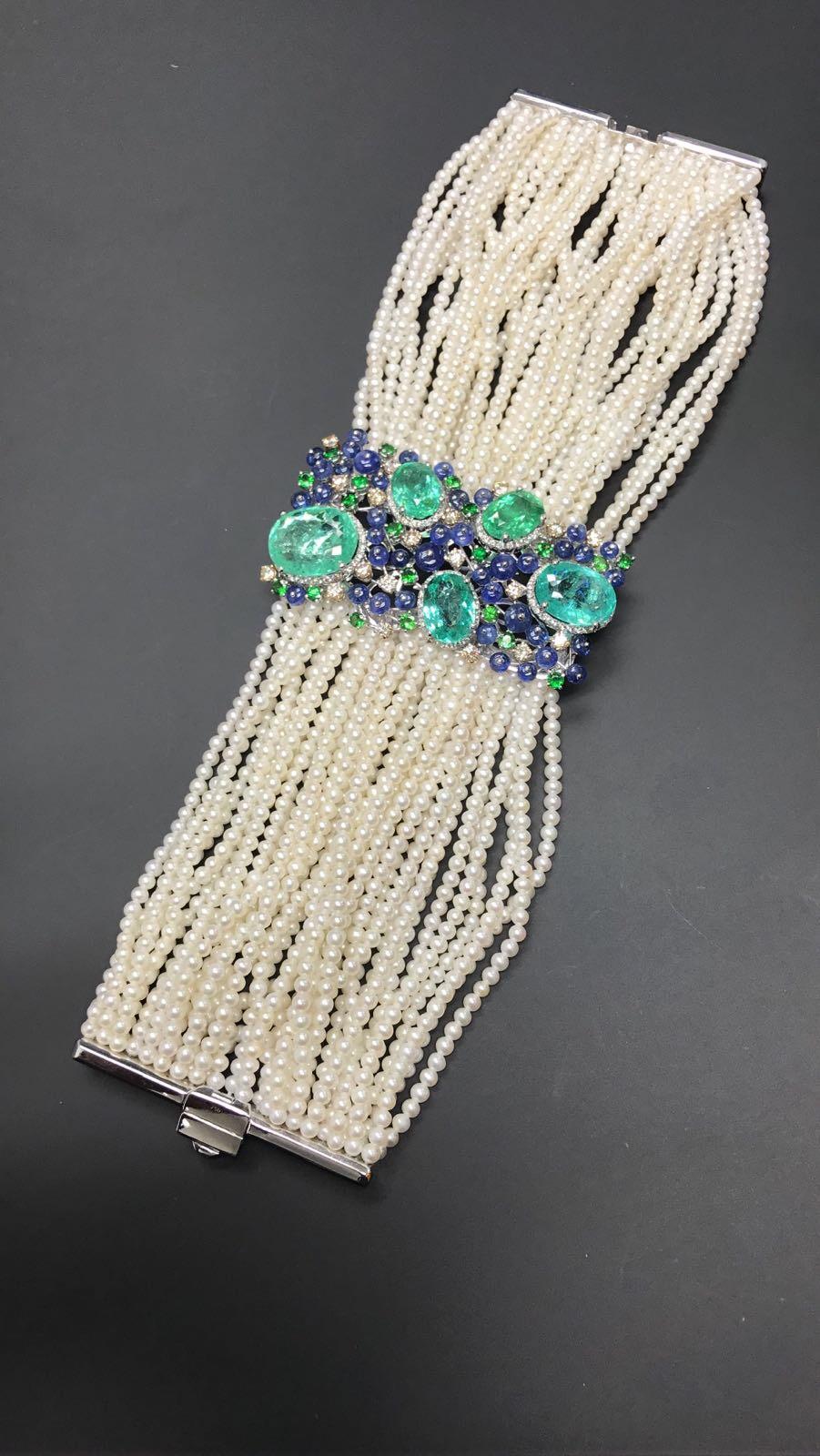 Art Deco Unique Rare Paraiba Tourmalines Diamonds Akoya Pearls Tanzanites Gold Bracelet For Sale