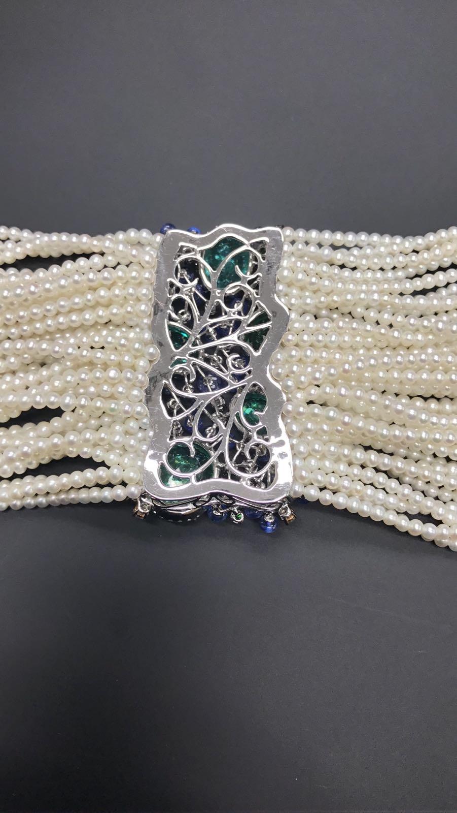 Bracelet unique et rare en or avec tourmalines Paraiba, diamants, perles Akoya et tanzanites Neuf - En vente à Oakton, VA