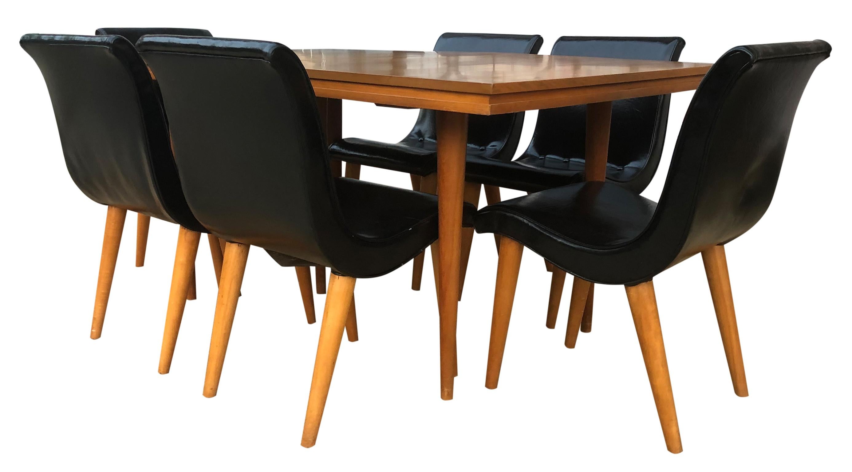 Mid-Century Modern Unique Rare Russel Wright Maple Dining Table Set with 6 Black Scoop Chairs