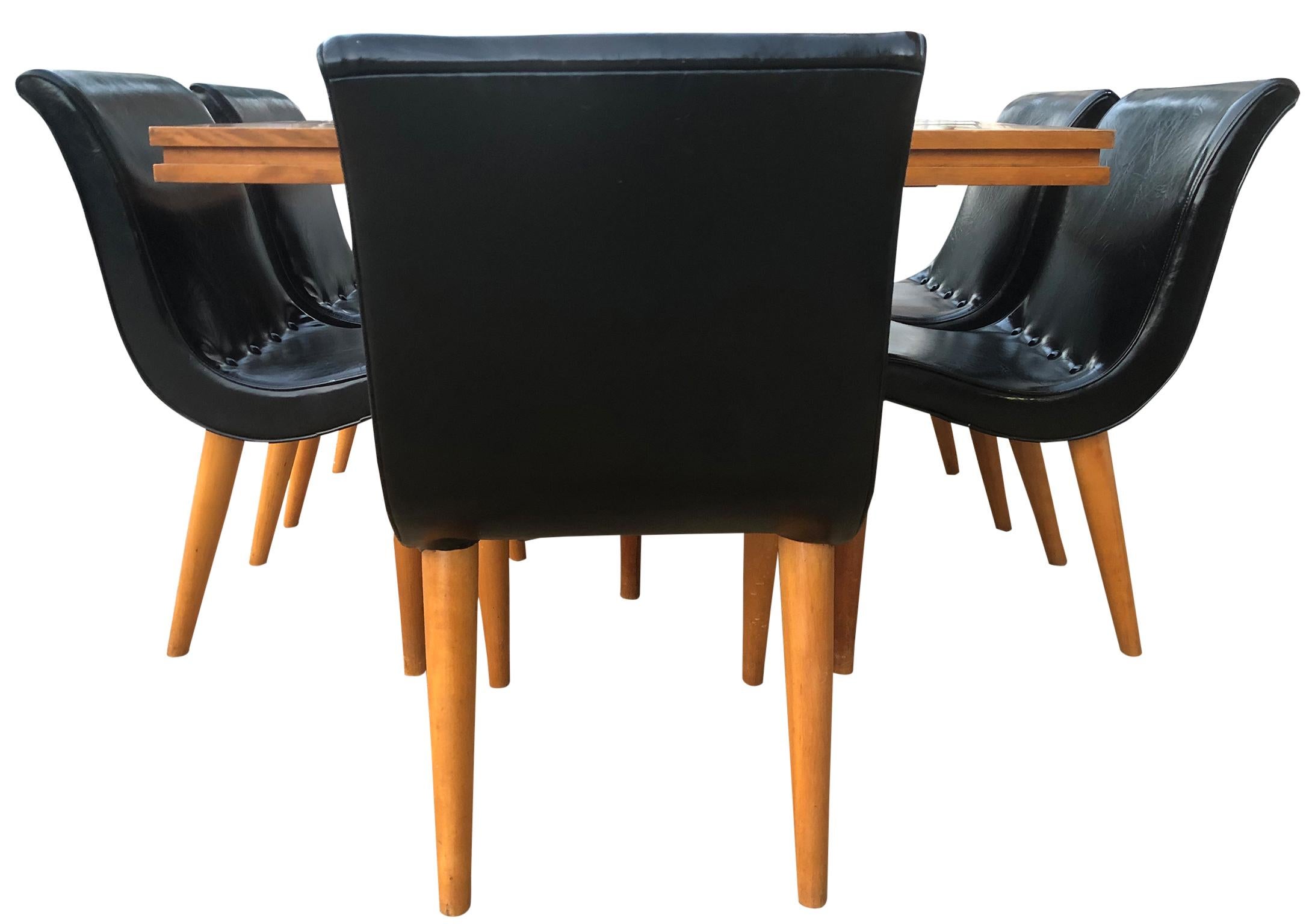 Unique Rare Russel Wright Maple Dining Table Set with 6 Black Scoop Chairs In Good Condition In BROOKLYN, NY