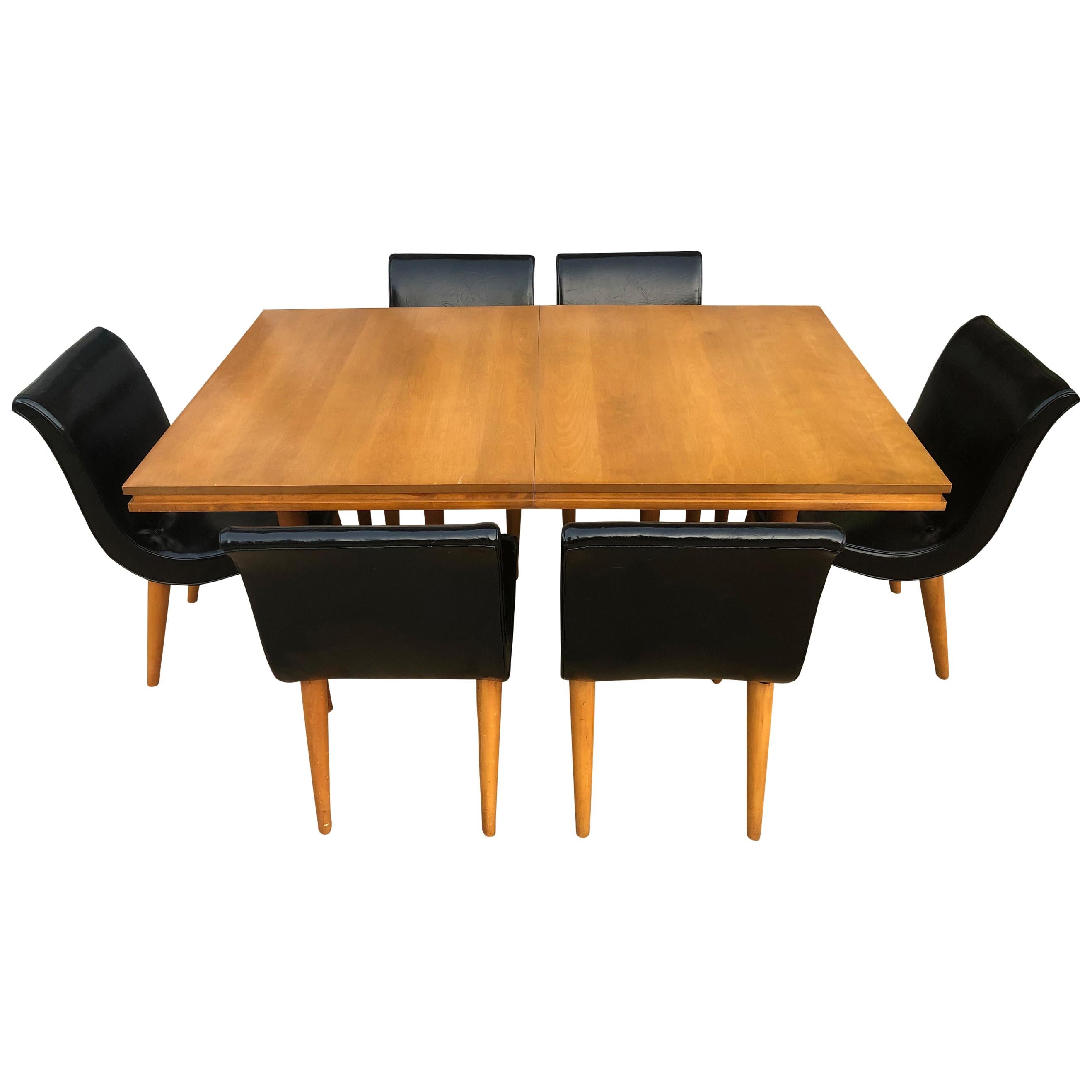 Unique Rare Russel Wright Maple Dining Table Set with 6 Black Scoop Chairs