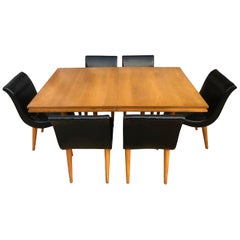 Vintage Unique Rare Russel Wright Maple Dining Table Set with 6 Black Scoop Chairs