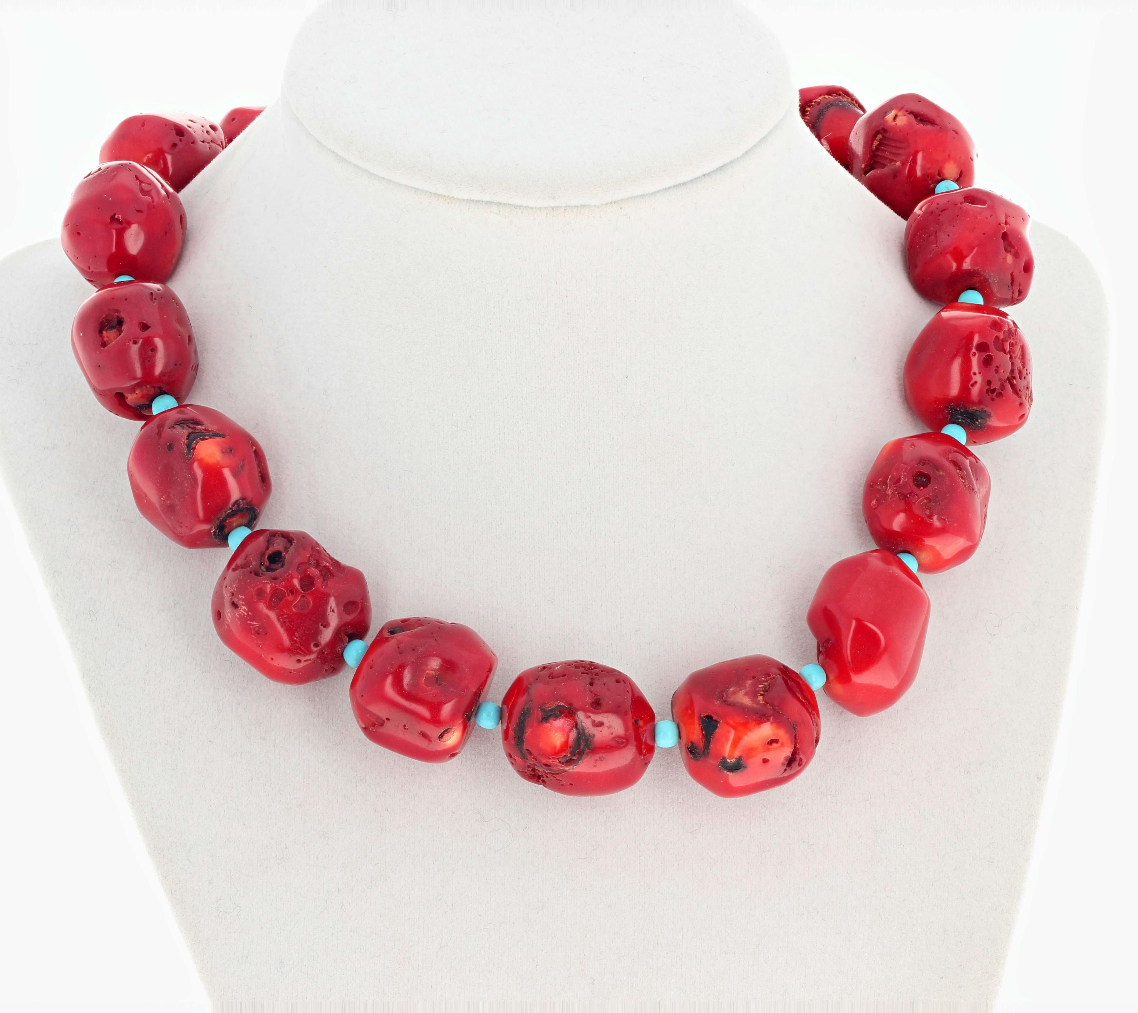 Gemjunky Super Chic Impressive Large Red Bamboo Coral and Turquoise Necklace In New Condition In Raleigh, NC