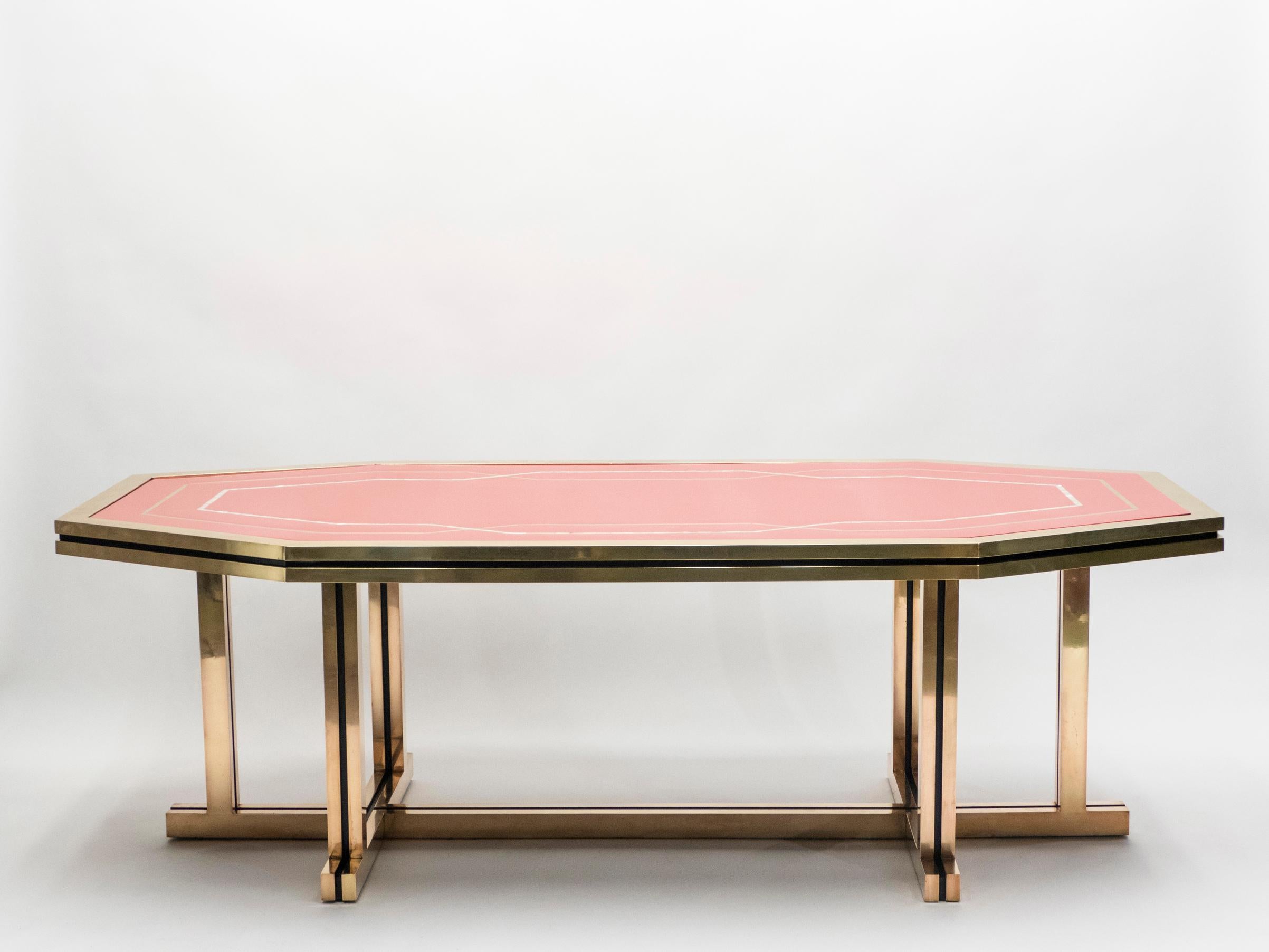 Mid-Century Modern Unique Red Lacquer and Brass Maison Jansen Dining Table or Desk, 1970s For Sale