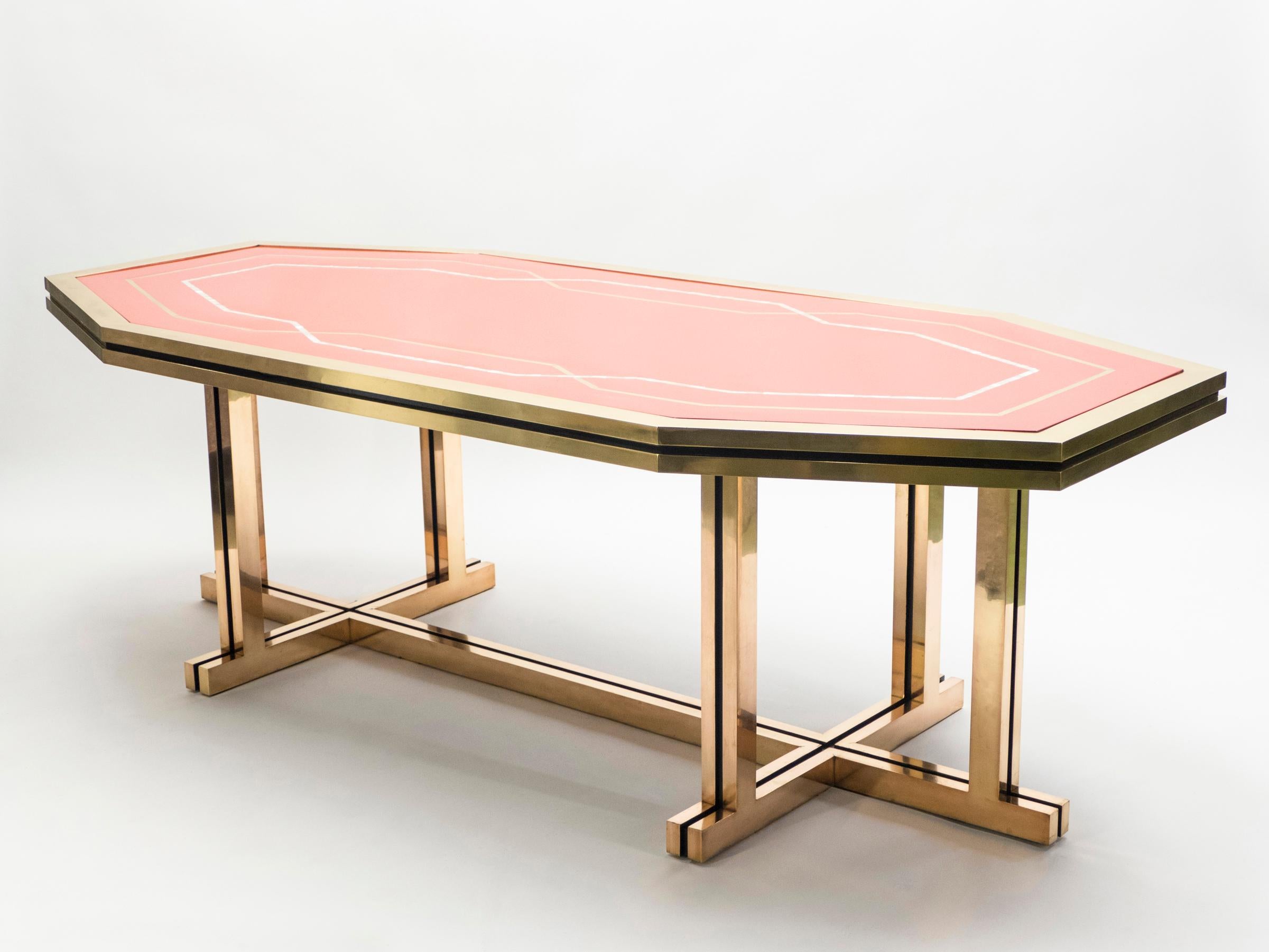 Late 20th Century Unique Red Lacquer and Brass Maison Jansen Dining Table or Desk, 1970s For Sale