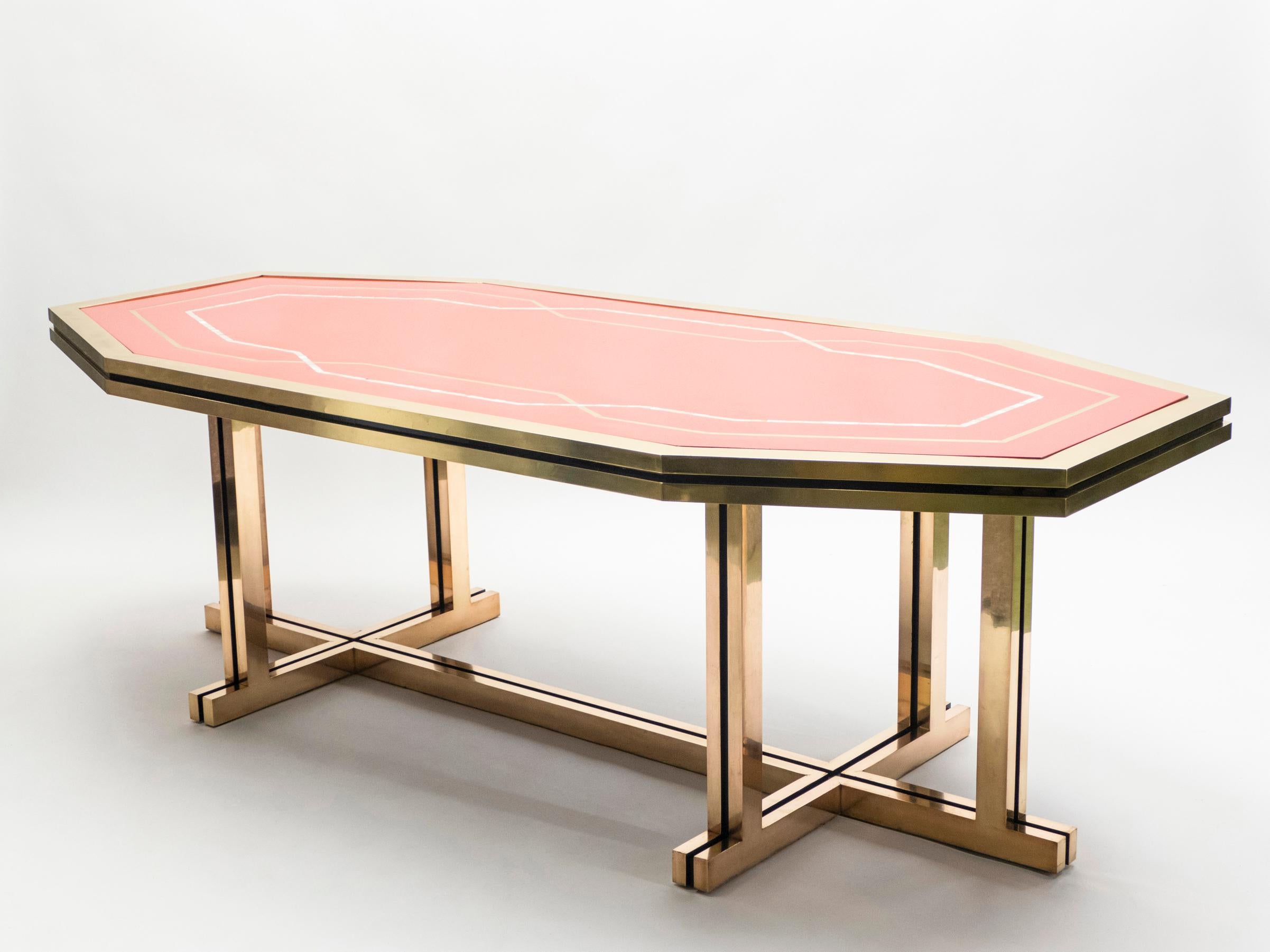 Unique Red Lacquer and Brass Maison Jansen Dining Table or Desk, 1970s For Sale 1