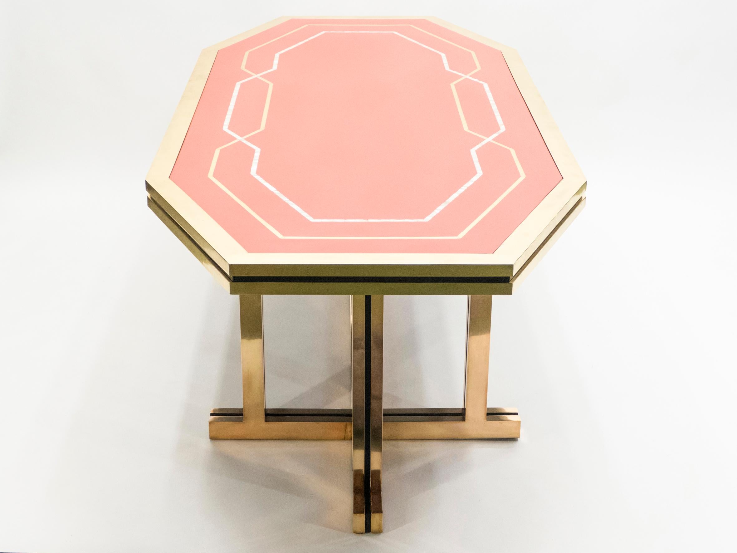 Unique Red Lacquer and Brass Maison Jansen Dining Table or Desk, 1970s For Sale 2