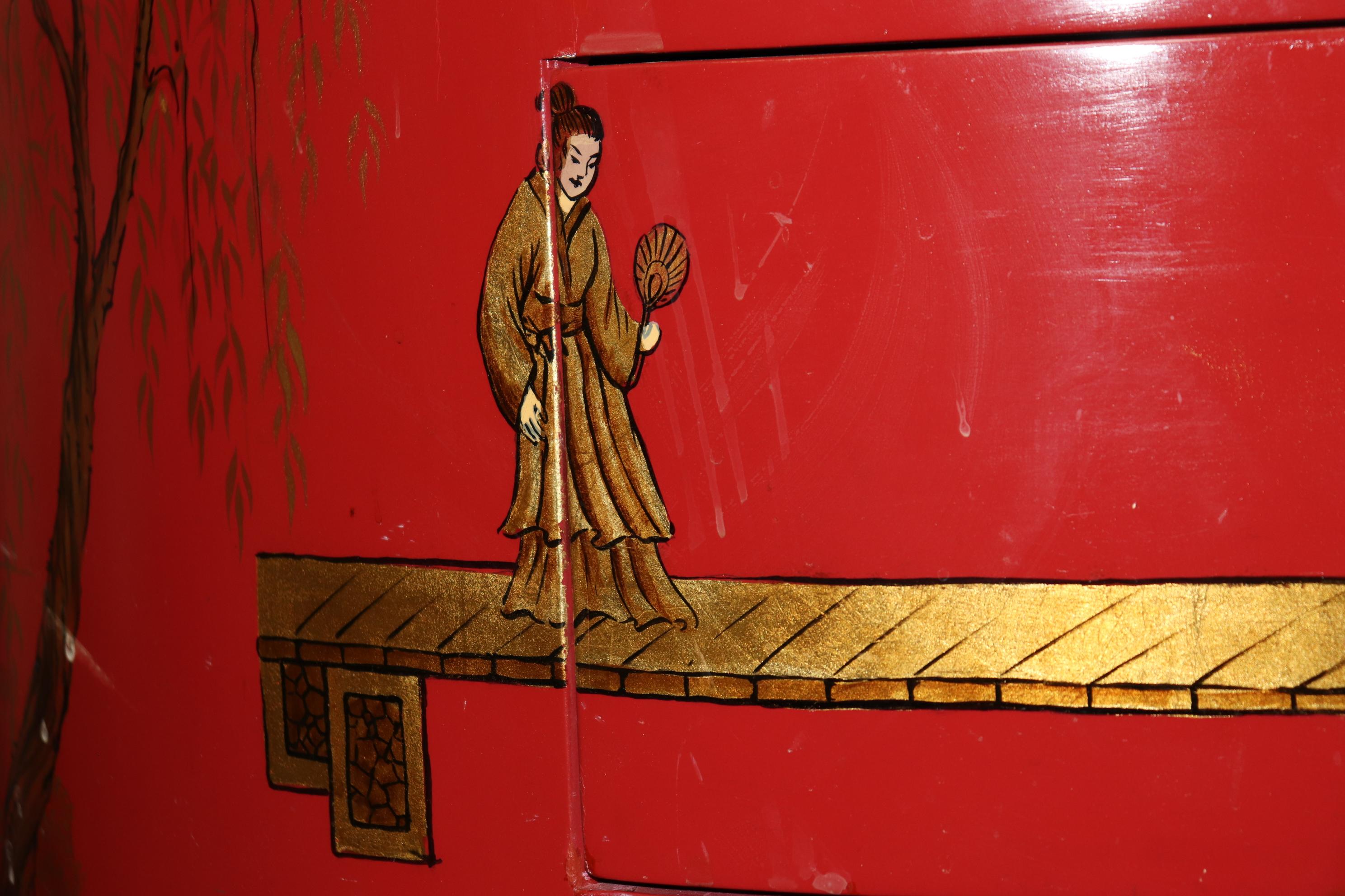 Unique Red Leather Gold Embossed Kidney Shaped Chinoiserie Painted Desk 5