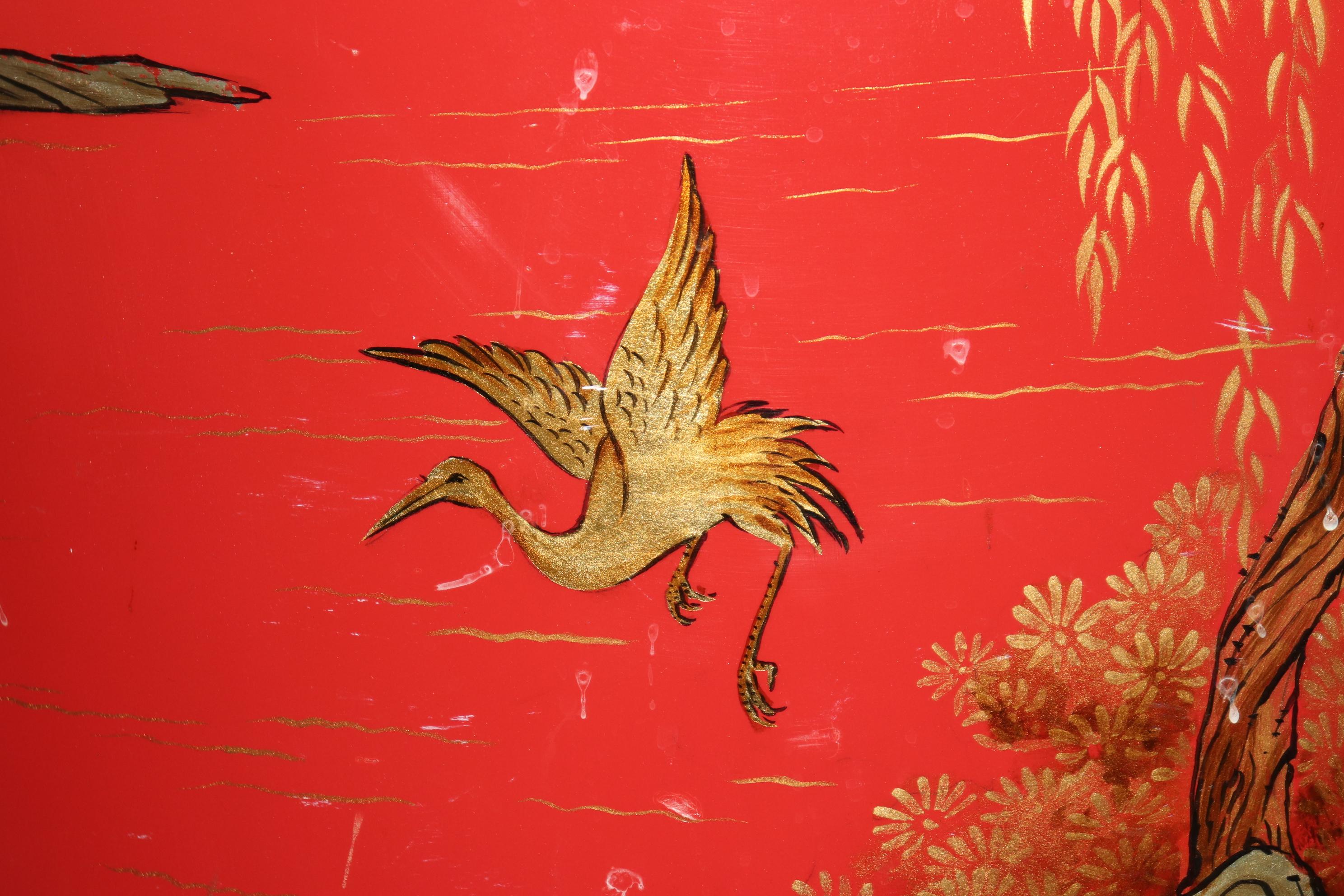 Unique Red Leather Gold Embossed Kidney Shaped Chinoiserie Painted Desk 6