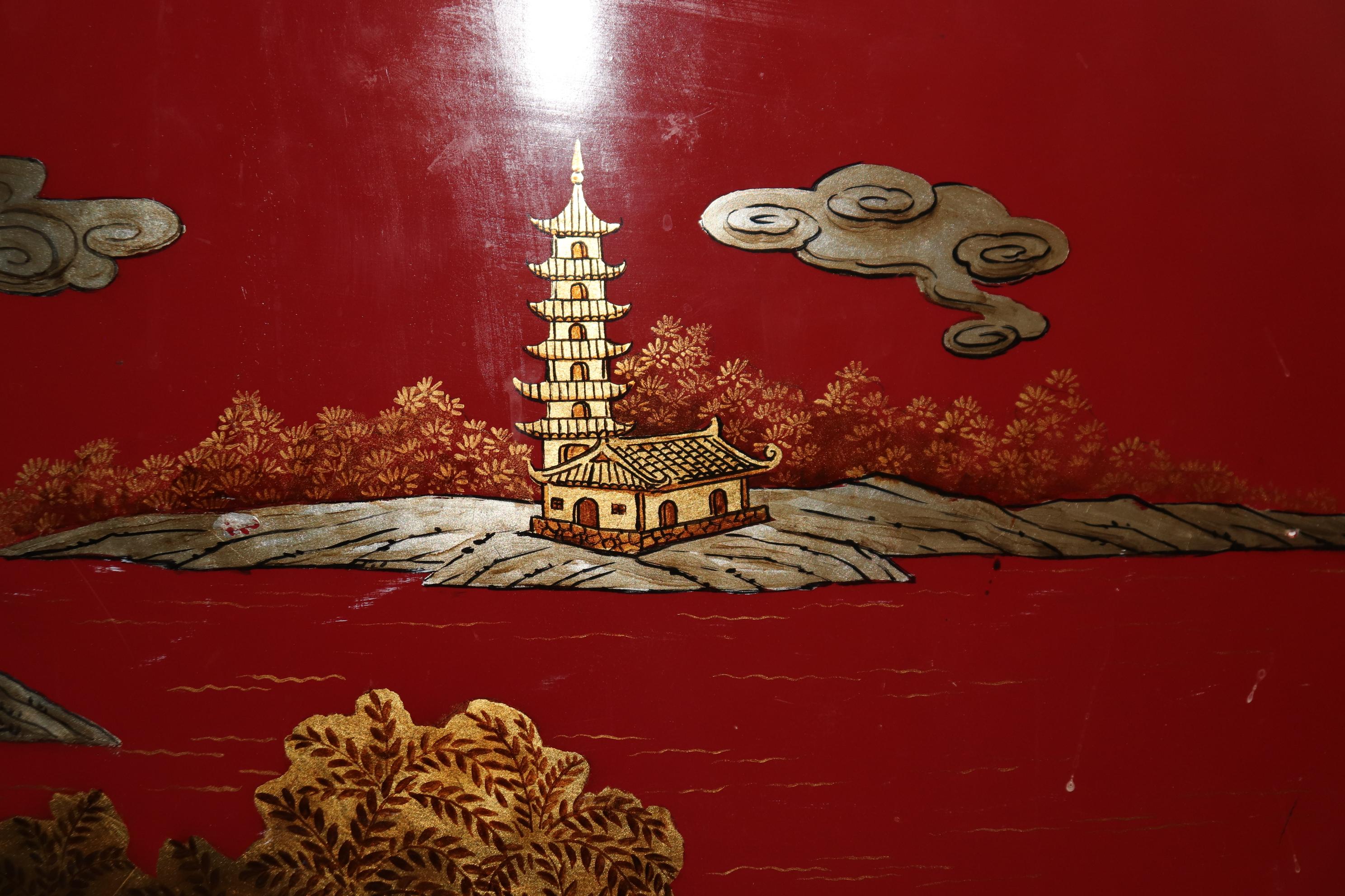 Unique Red Leather Gold Embossed Kidney Shaped Chinoiserie Painted Desk 7