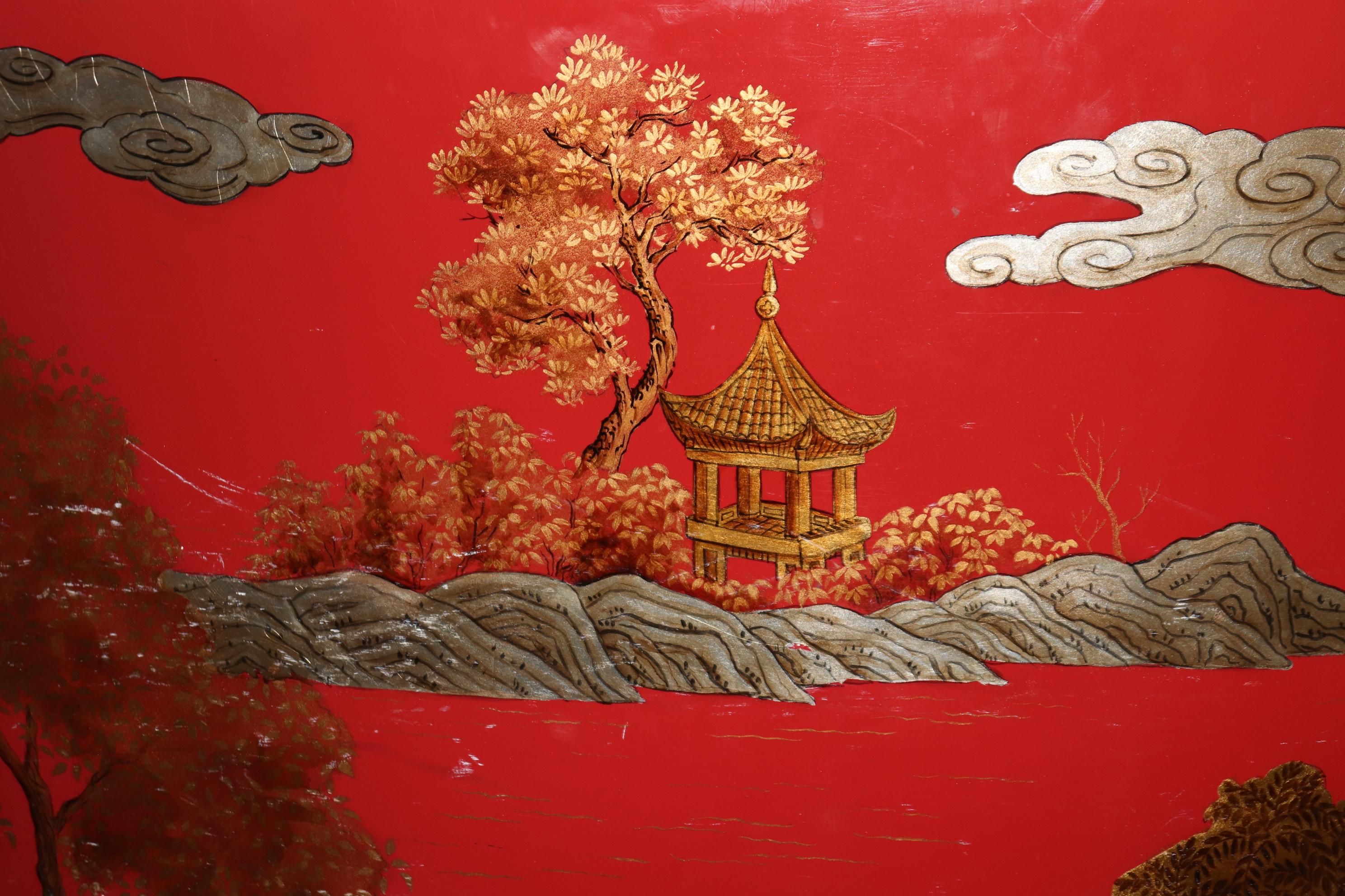 Unique Red Leather Gold Embossed Kidney Shaped Chinoiserie Painted Desk 9