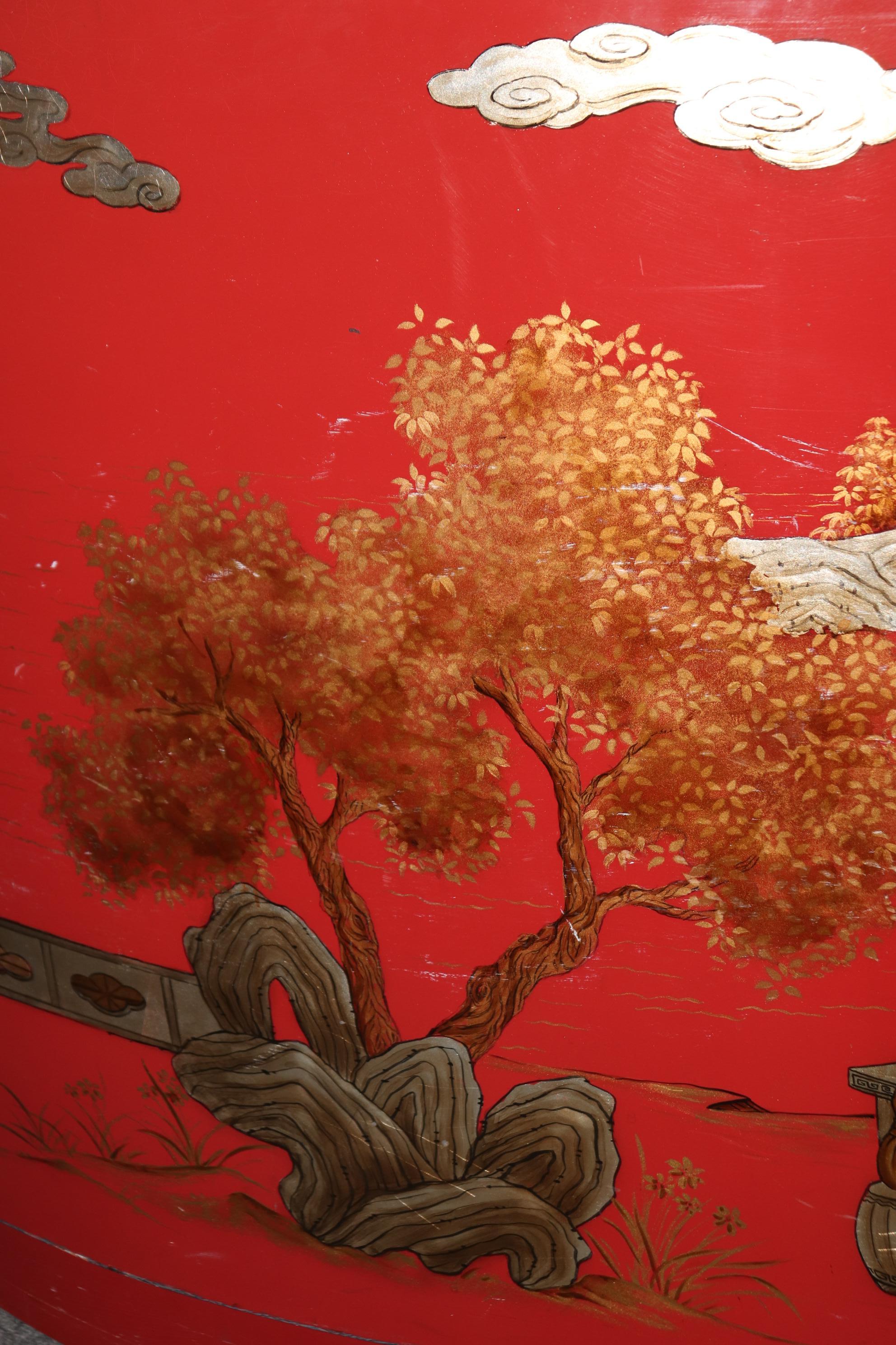 Unique Red Leather Gold Embossed Kidney Shaped Chinoiserie Painted Desk 10