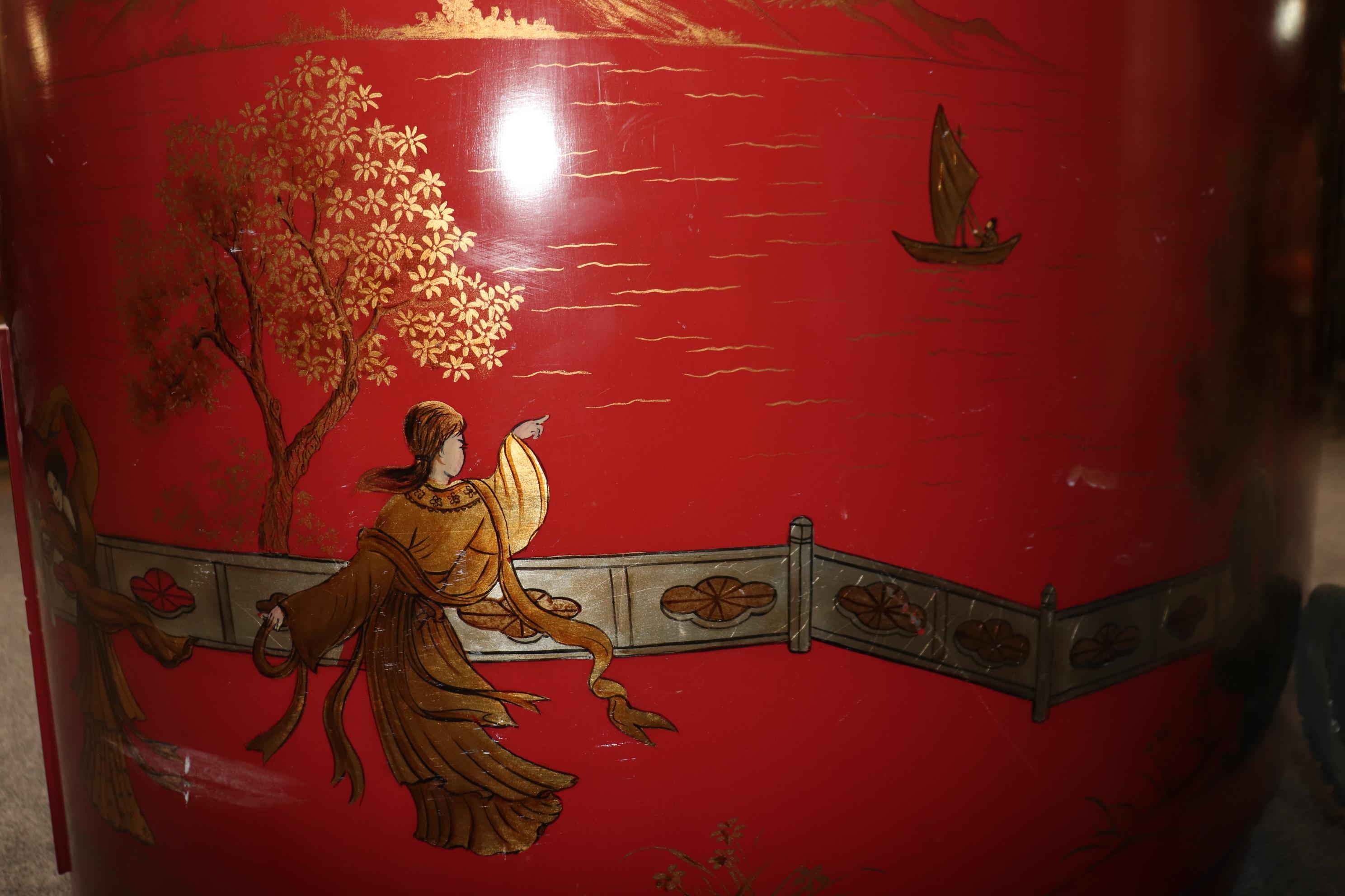 Unique Red Leather Gold Embossed Kidney Shaped Chinoiserie Painted Desk 11