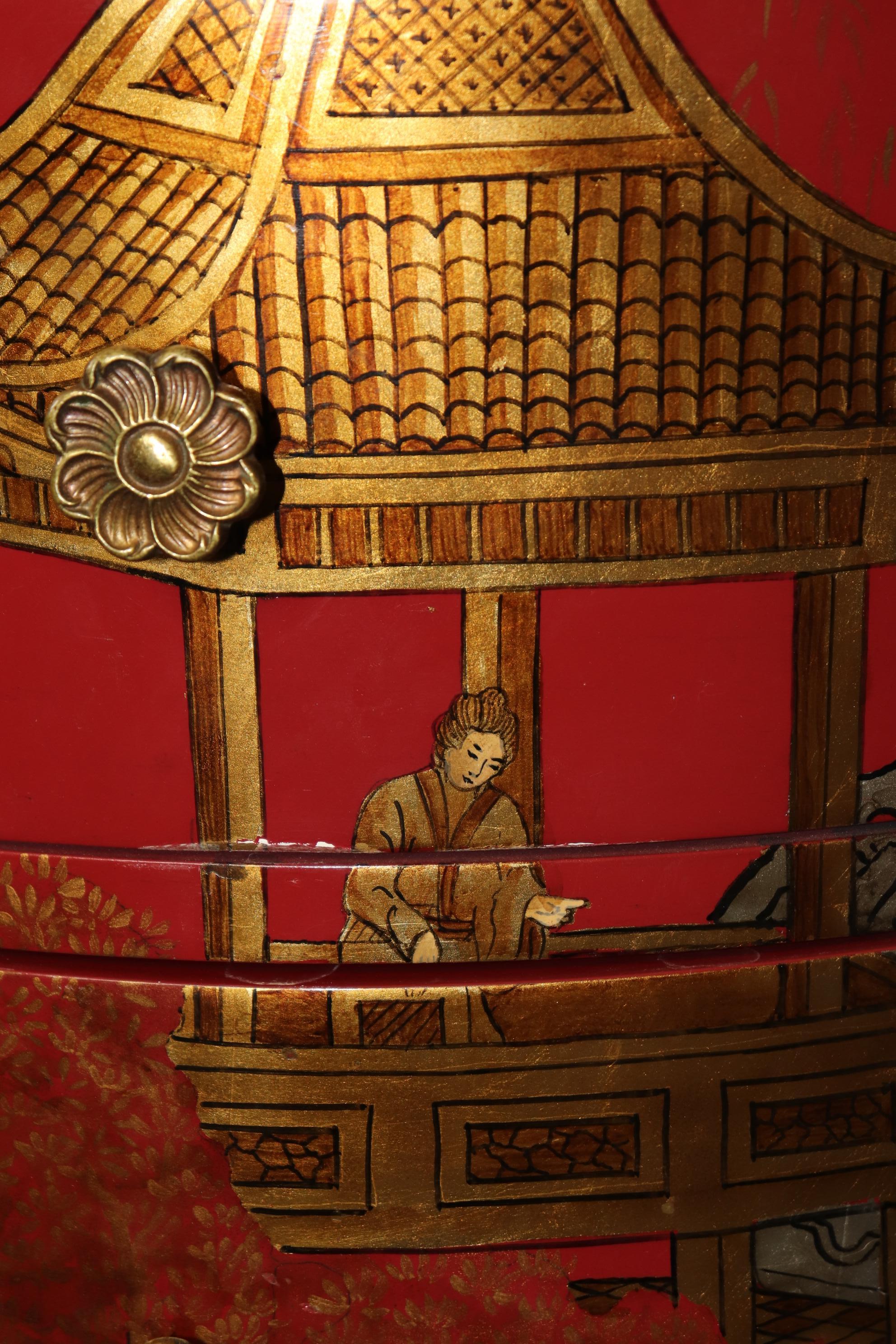 Unique Red Leather Gold Embossed Kidney Shaped Chinoiserie Painted Desk 12