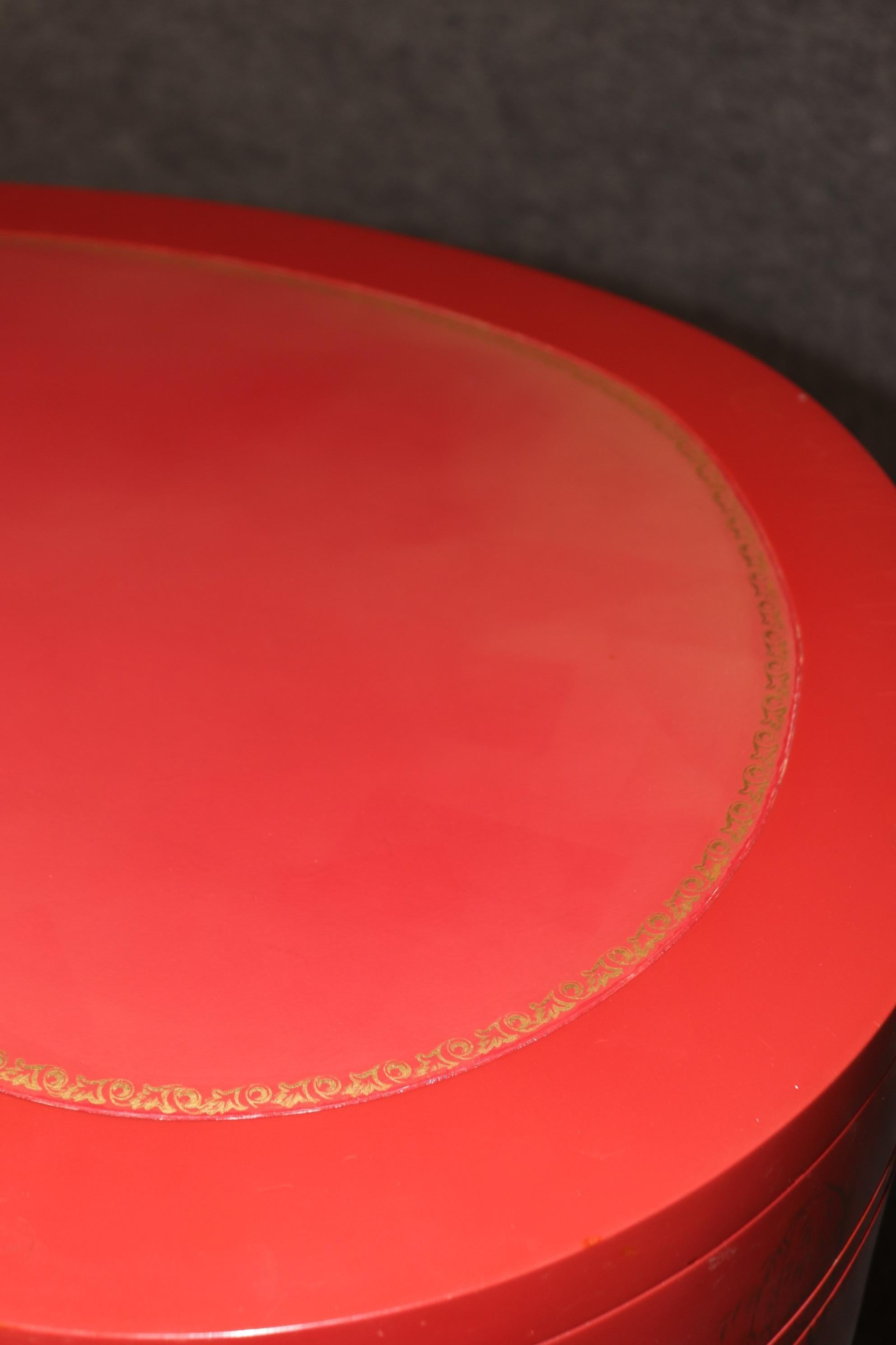 Unique Red Leather Gold Embossed Kidney Shaped Chinoiserie Painted Desk 13