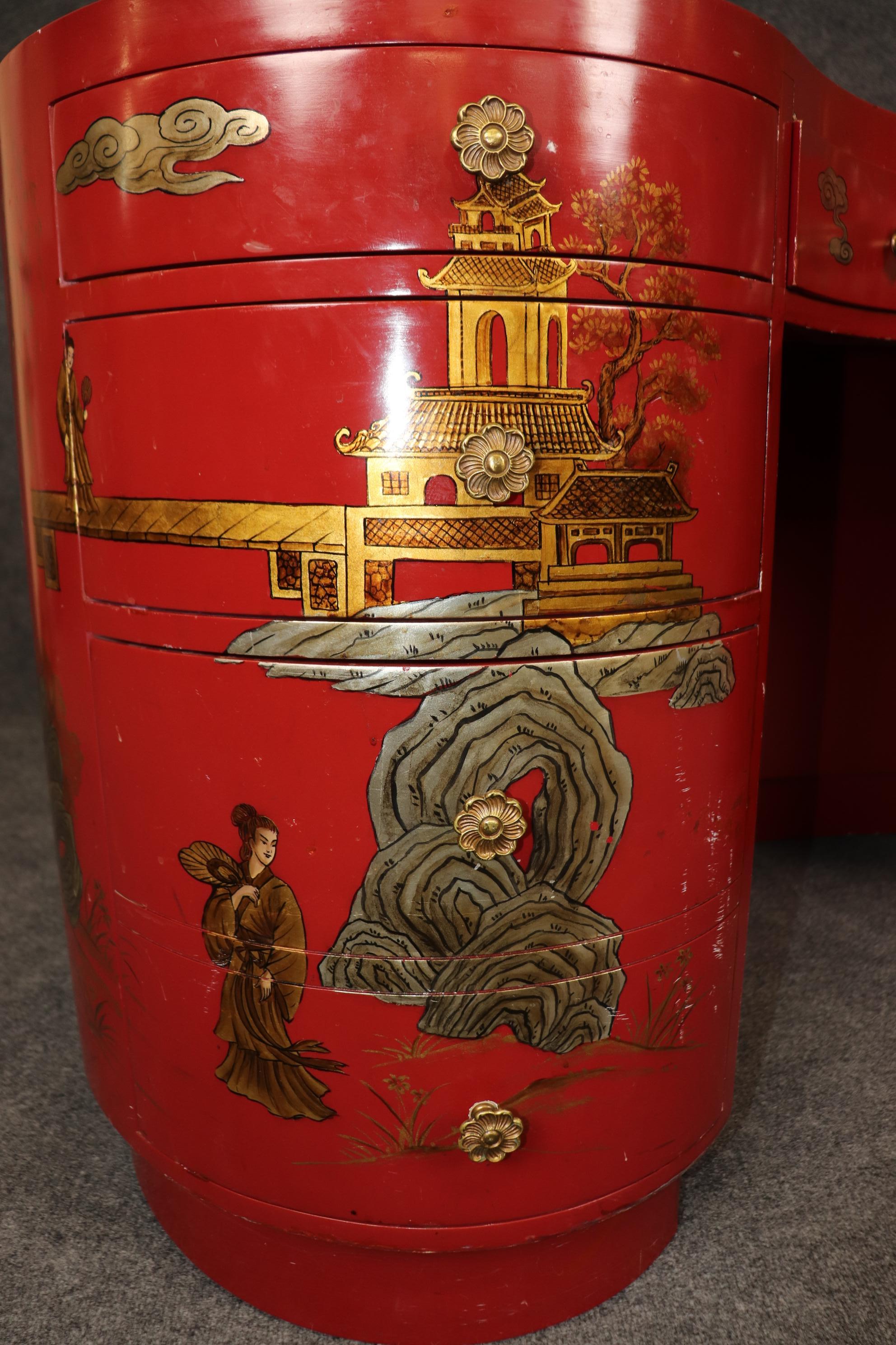 Unique Red Leather Gold Embossed Kidney Shaped Chinoiserie Painted Desk In Good Condition In Swedesboro, NJ