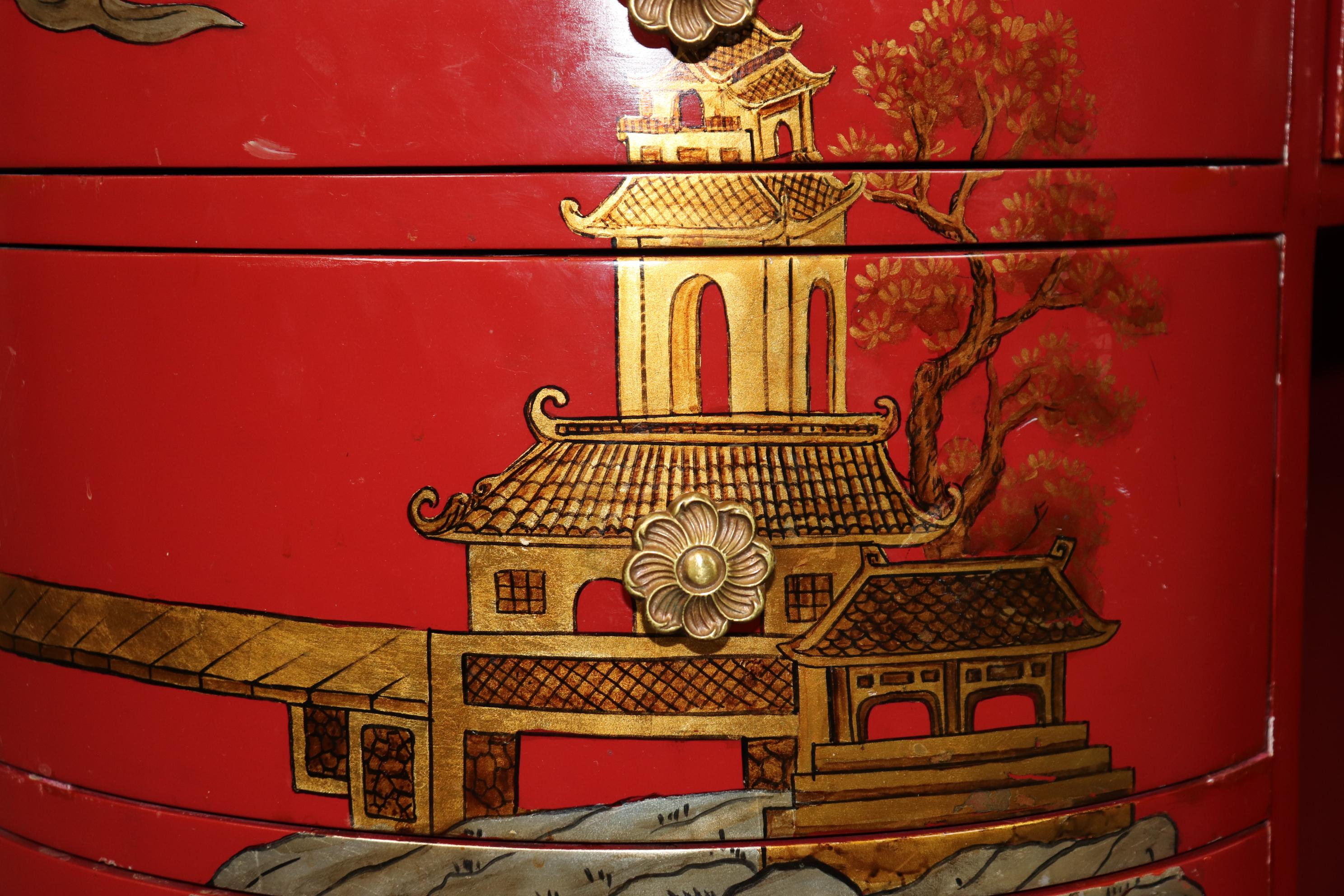 Mid-20th Century Unique Red Leather Gold Embossed Kidney Shaped Chinoiserie Painted Desk