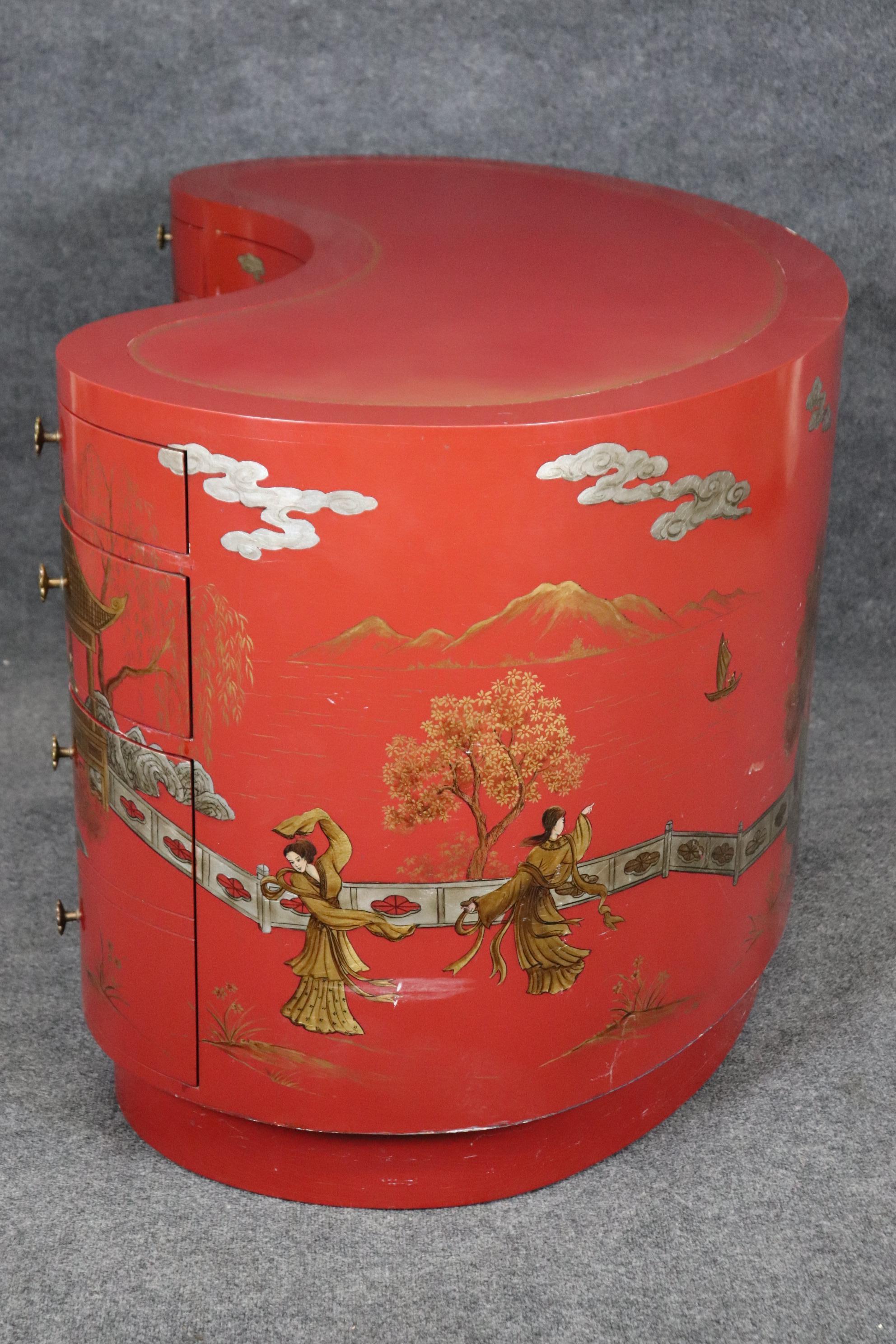Unique Red Leather Gold Embossed Kidney Shaped Chinoiserie Painted Desk 1