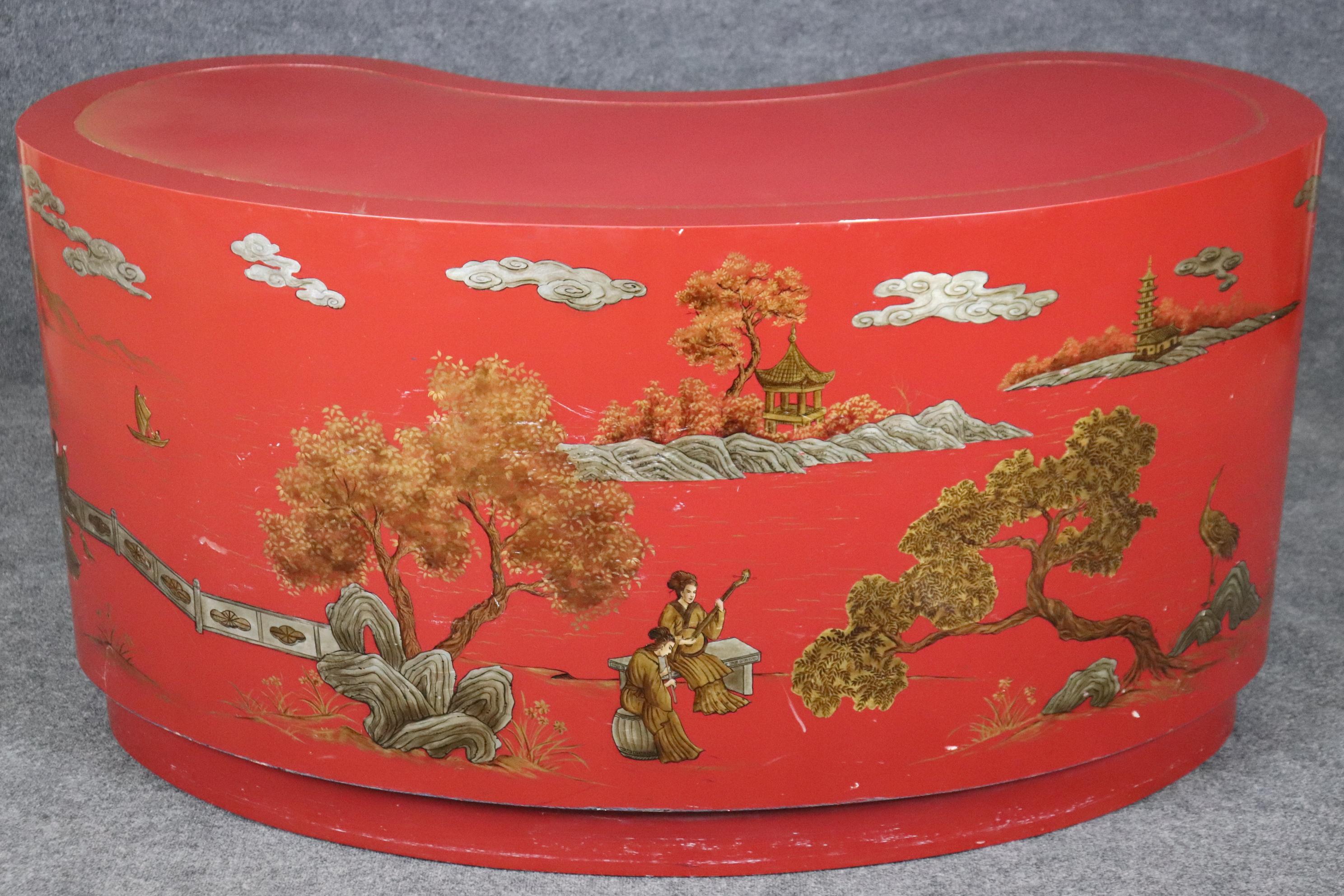 Unique Red Leather Gold Embossed Kidney Shaped Chinoiserie Painted Desk 2
